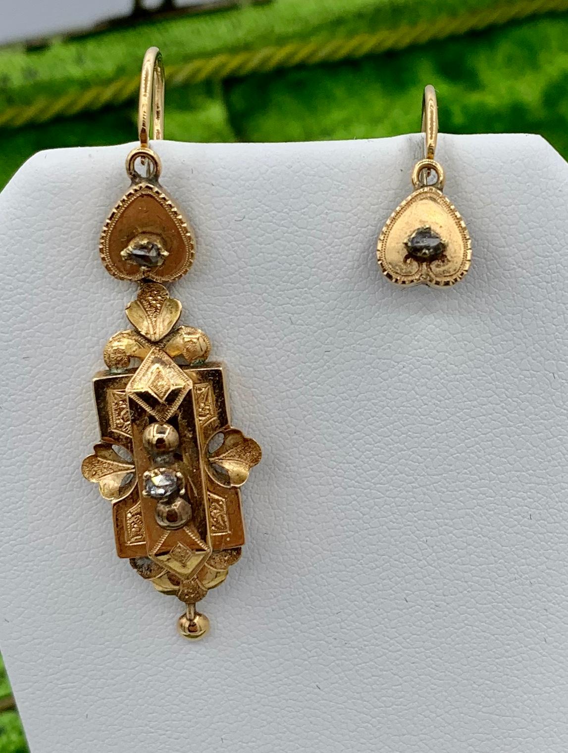 Victorian Rose Cut Diamond Day/Night Earrings Heart Dangle 14 Karat Gold Rare For Sale 3