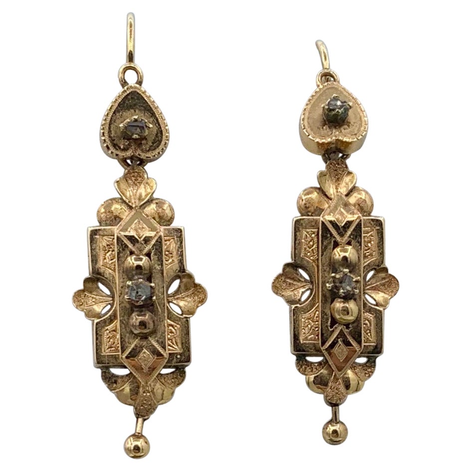Pendientes Día/Noche Victorianos de Diamantes Corte Rosa Colgantes Corazón Oro 14 Kilates Raros