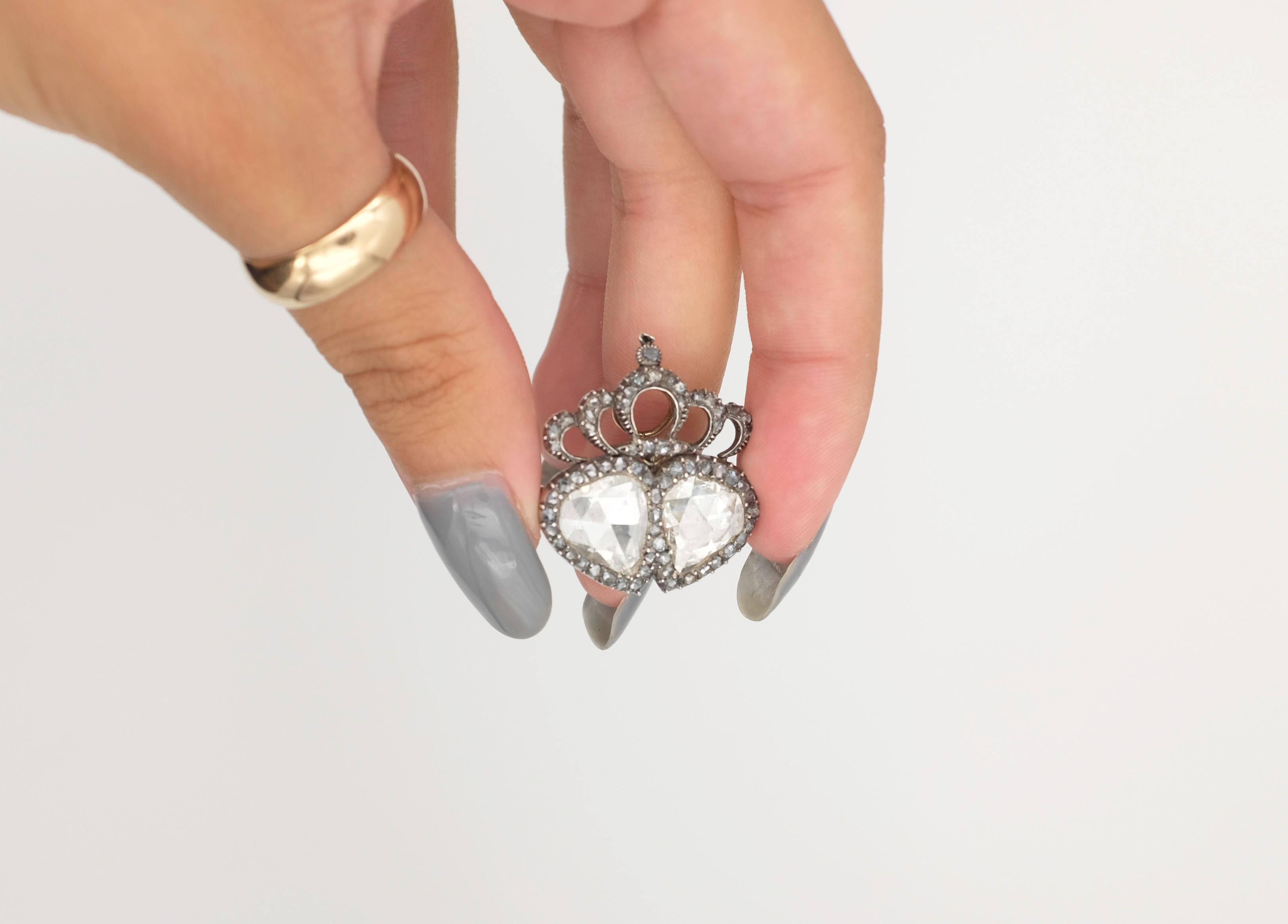 Women's or Men's Victorian Rose Cut Diamond Double Heart Pendant-Brooch For Sale