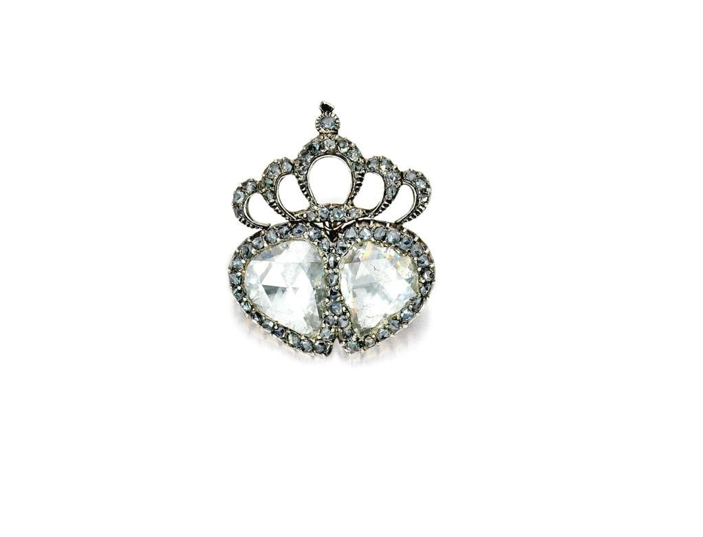 Victorian Rose Cut Diamond Double Heart Pendant-Brooch For Sale 1