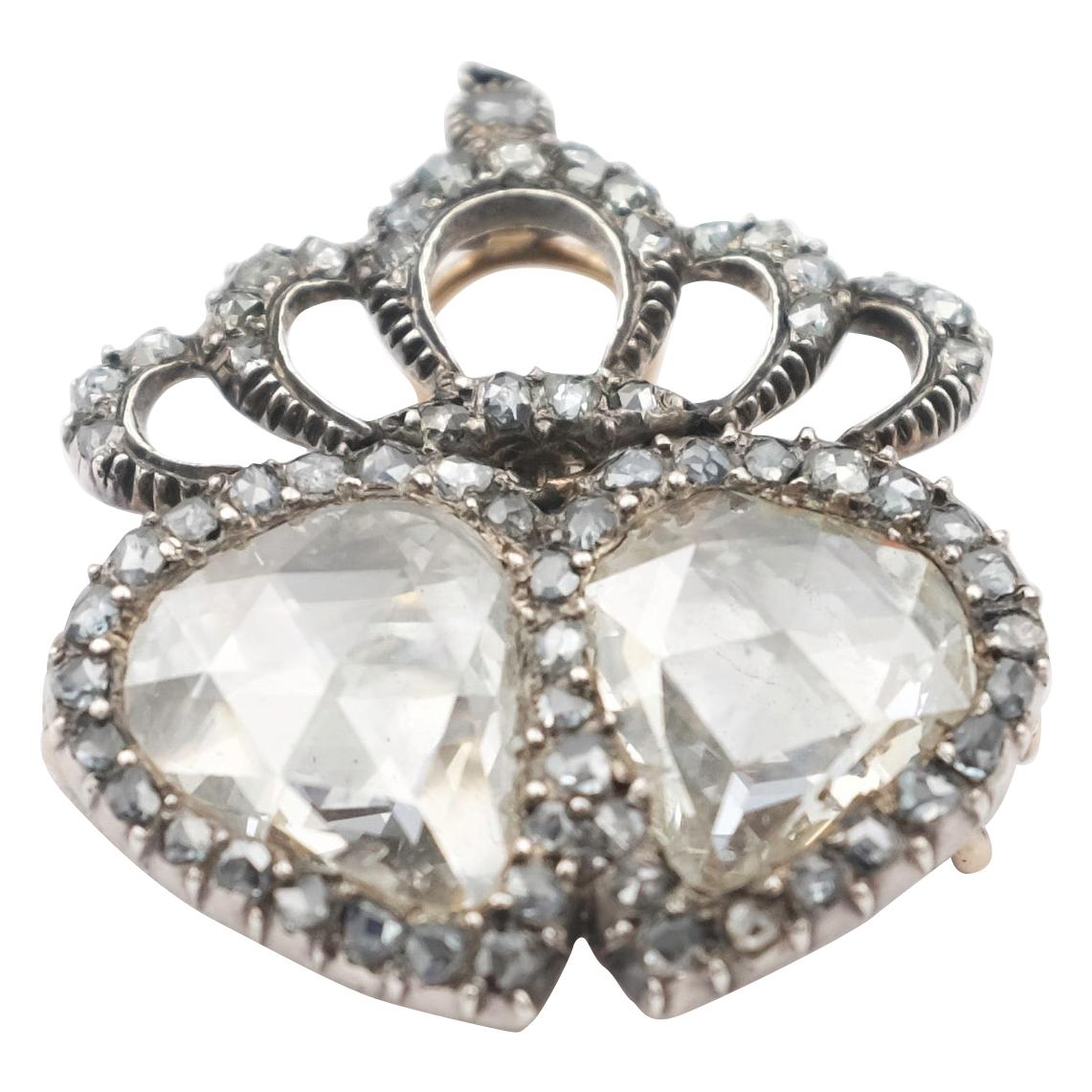 Victorian Rose Cut Diamond Double Heart Pendant-Brooch For Sale