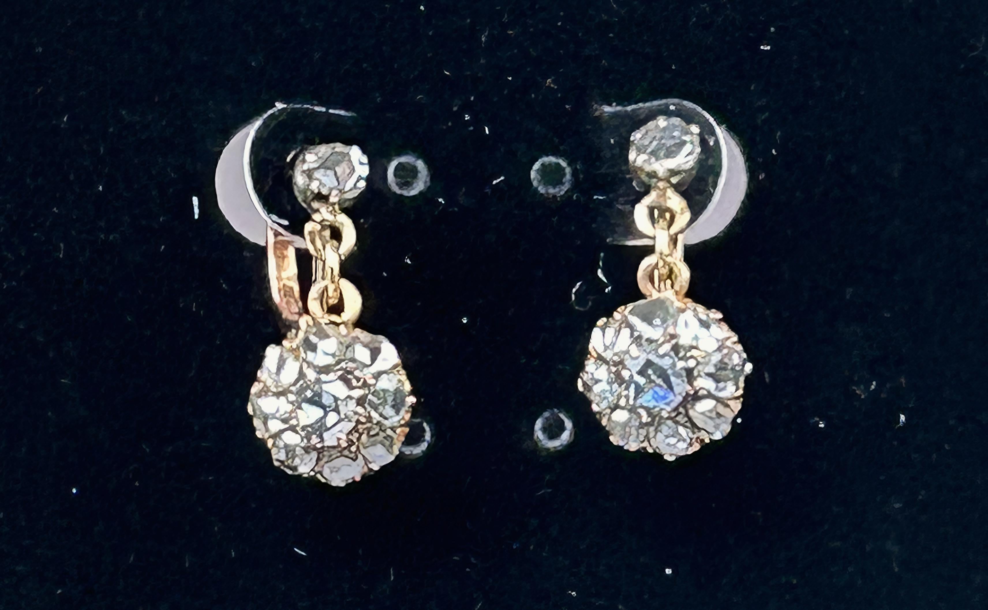Victorian Rose Cut Diamond Drop Earrings 18k Gold and Platinum .85 ctw In Good Condition In Joelton, TN