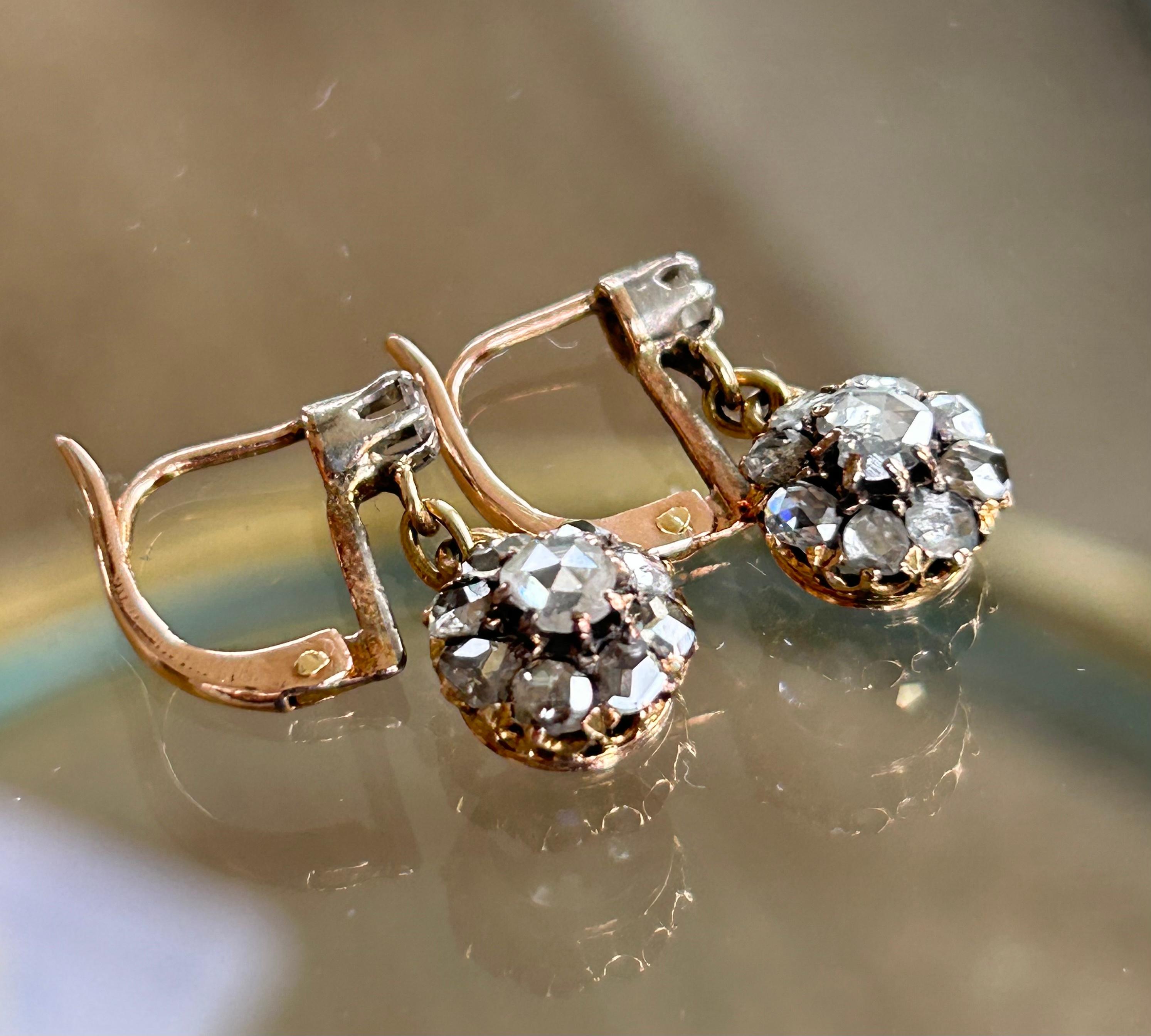 Victorian Rose Cut Diamond Drop Earrings 18k Gold and Platinum .85 ctw 1
