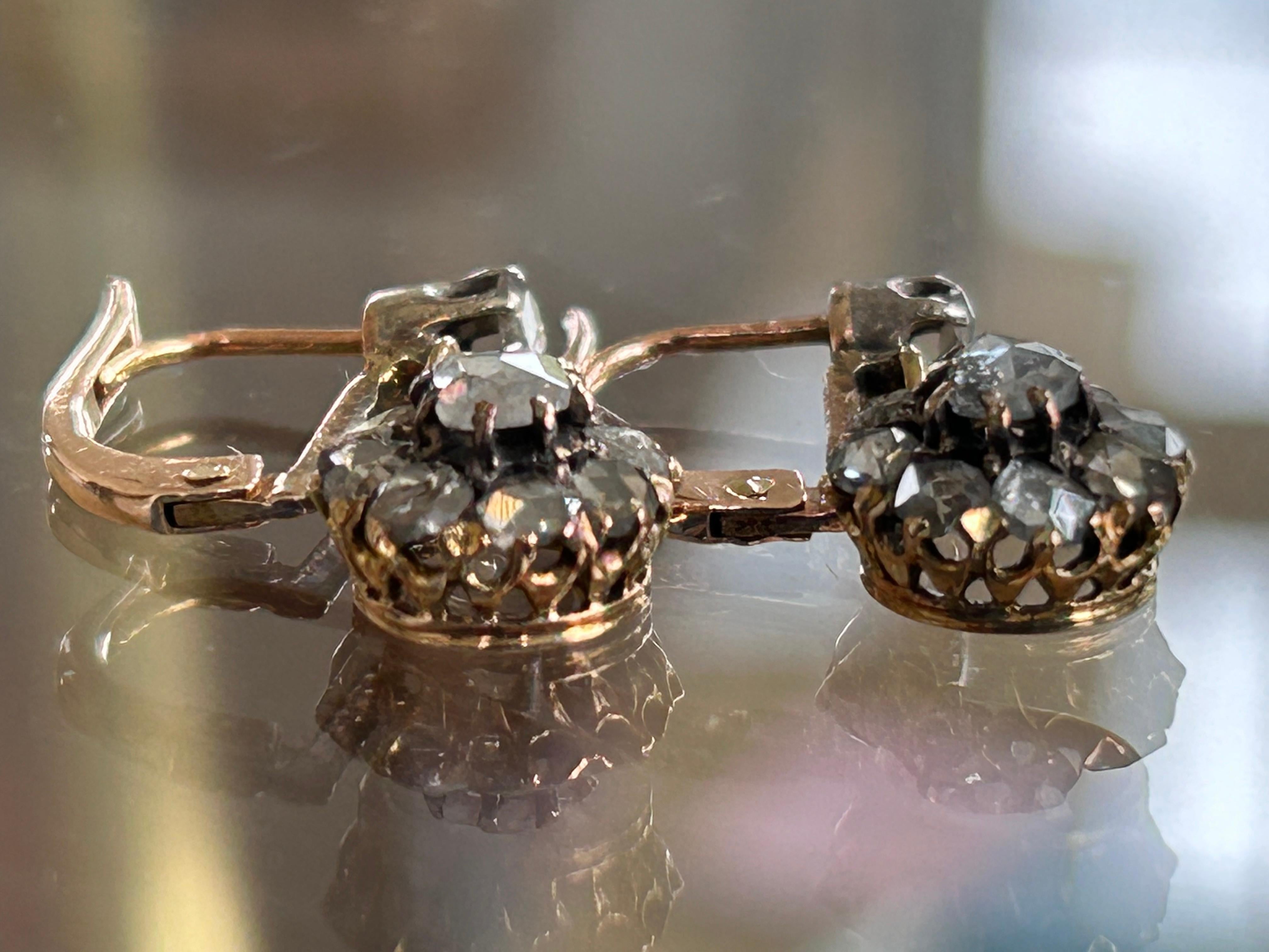 Victorian Rose Cut Diamond Drop Earrings 18k Gold and Platinum .85 ctw 3
