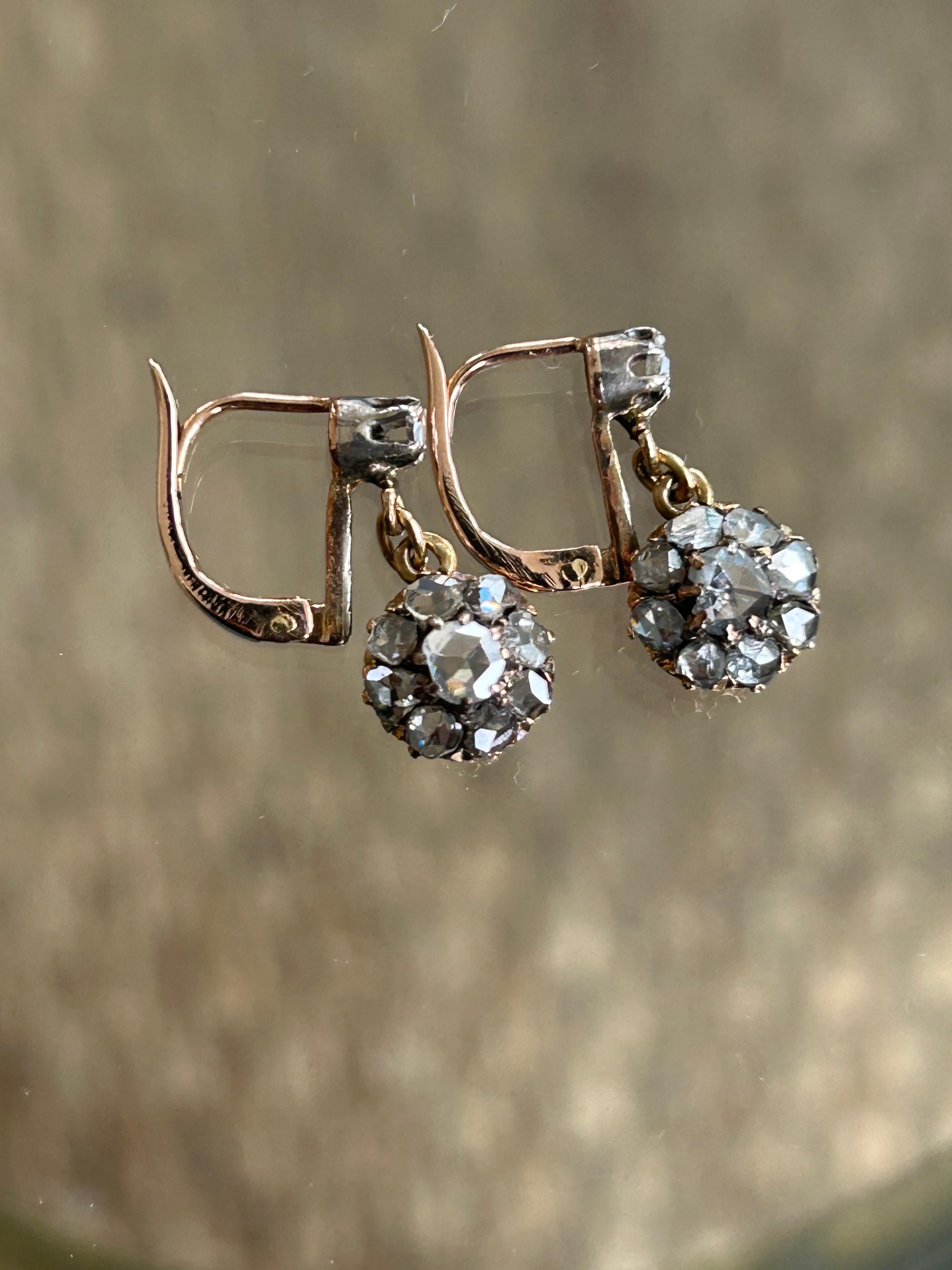 Victorian Rose Cut Diamond Drop Earrings 18k Gold and Platinum .85 ctw 5