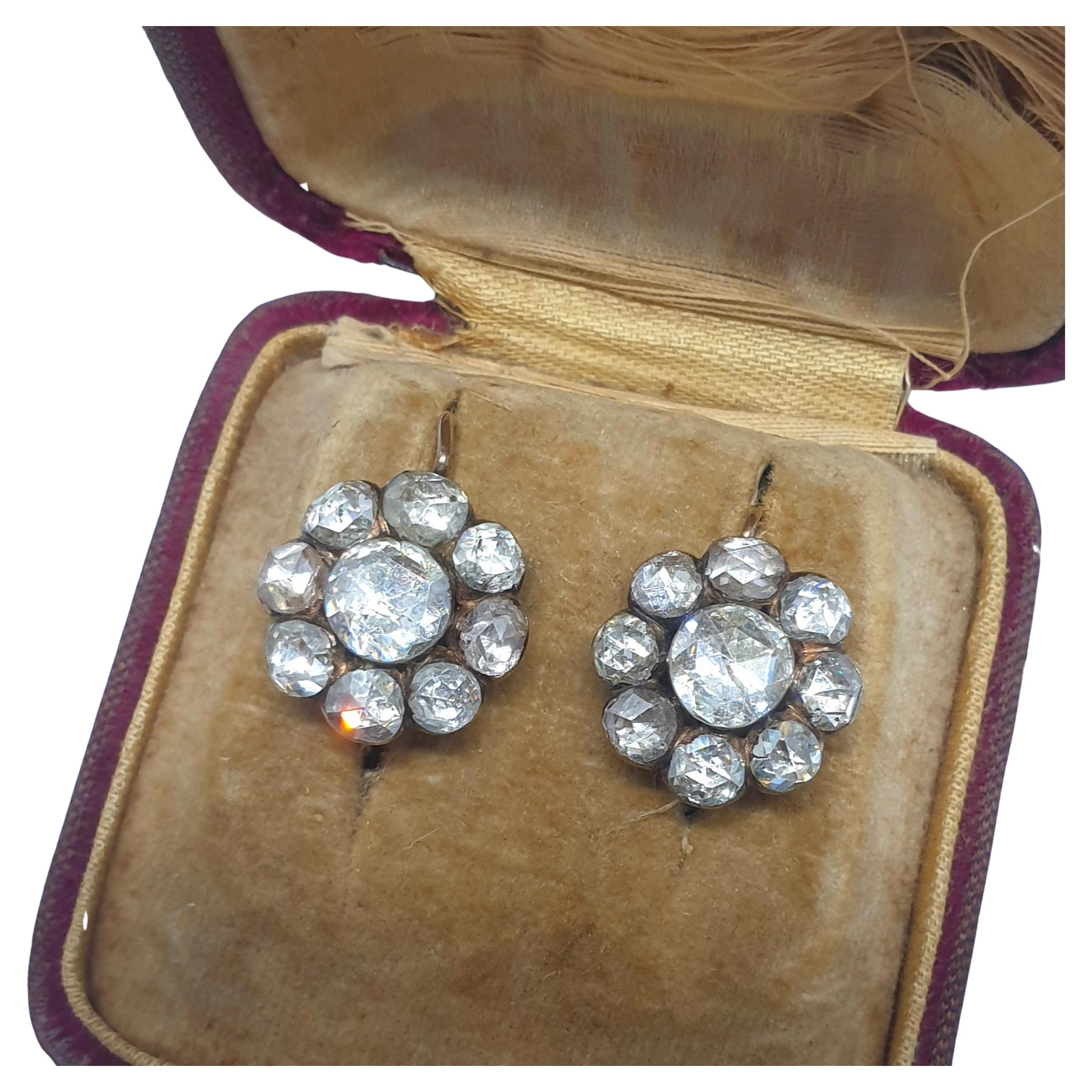 Antique 1880s Rose Cut Diamond Gold Earrings For Sale