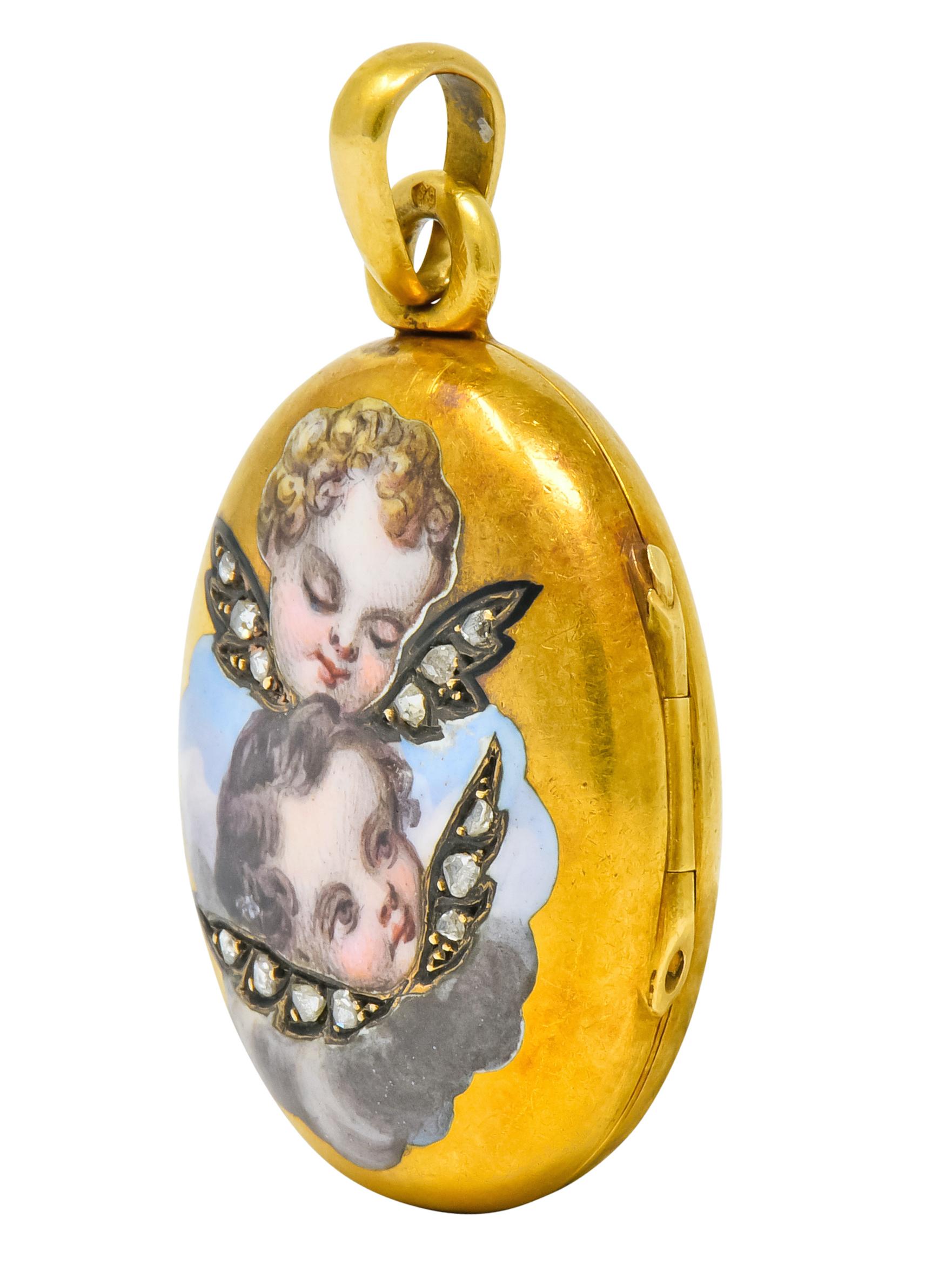 Women's or Men's Victorian Rose Cut Diamond Enamel 18 Karat Gold Cherub Mourning Locket Pendant