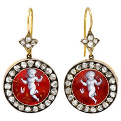 Victorian Rose Cut Diamond Enamel 18 Karat Gold Silver Cherub Drop Earrings