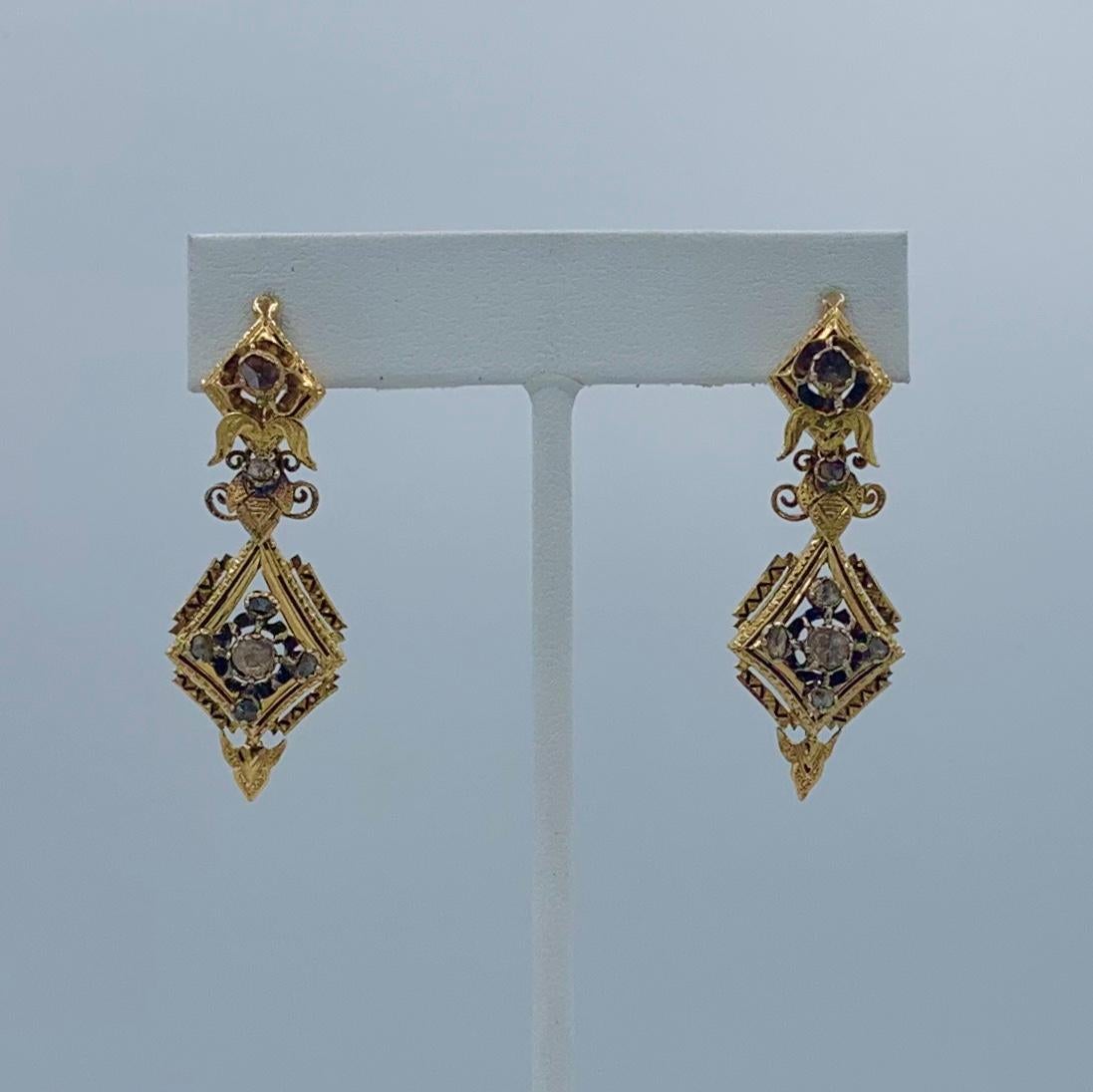 Victorian Rose Cut Diamond Enamel Dangle Day/Night Earrings 18 Karat Gold Rare For Sale 7