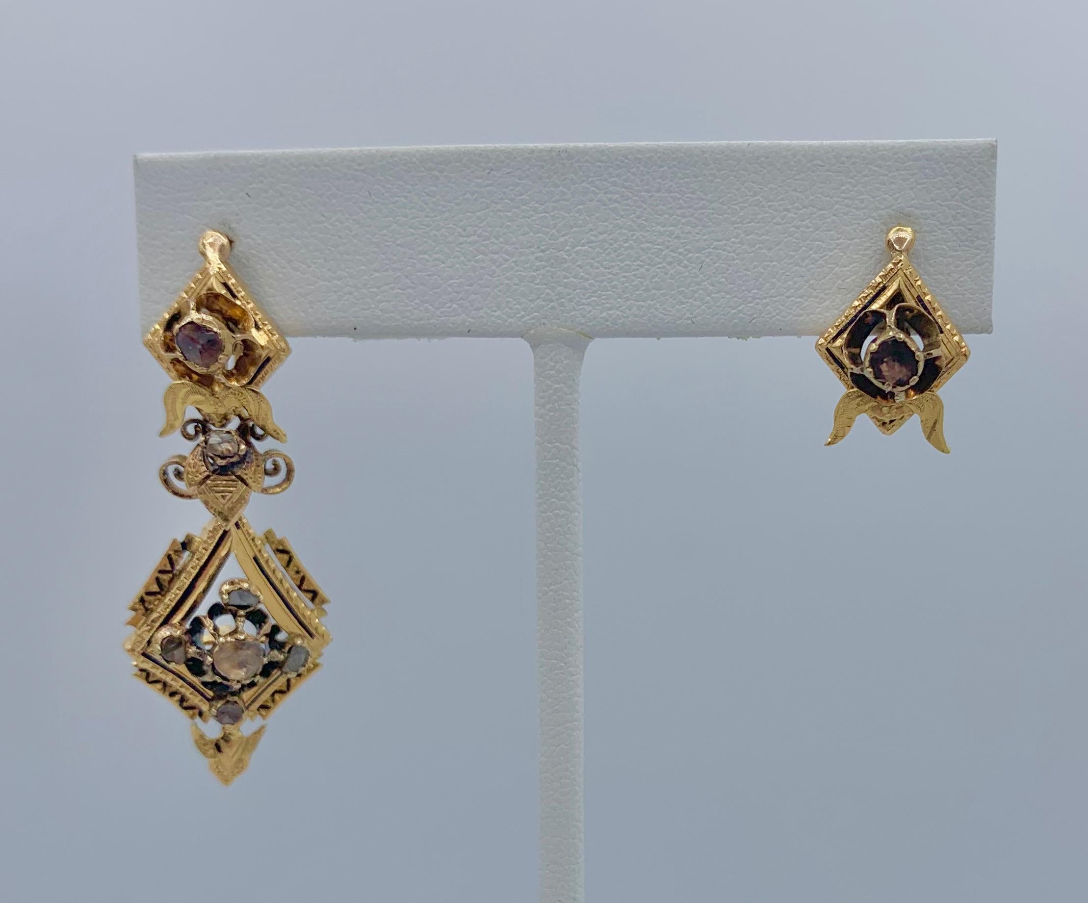 Victorian Rose Cut Diamond Enamel Dangle Day/Night Earrings 18 Karat Gold Rare For Sale 8