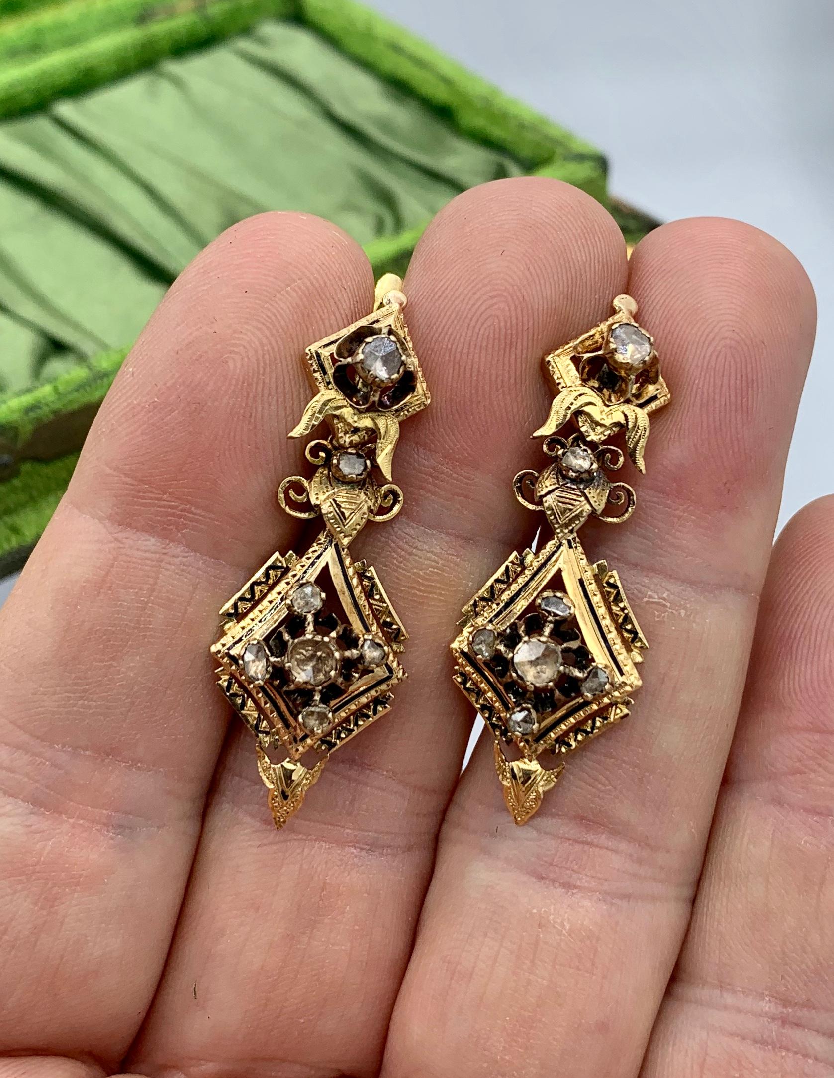 Victorian Rose Cut Diamond Enamel Dangle Day/Night Earrings 18 Karat Gold Rare For Sale 9