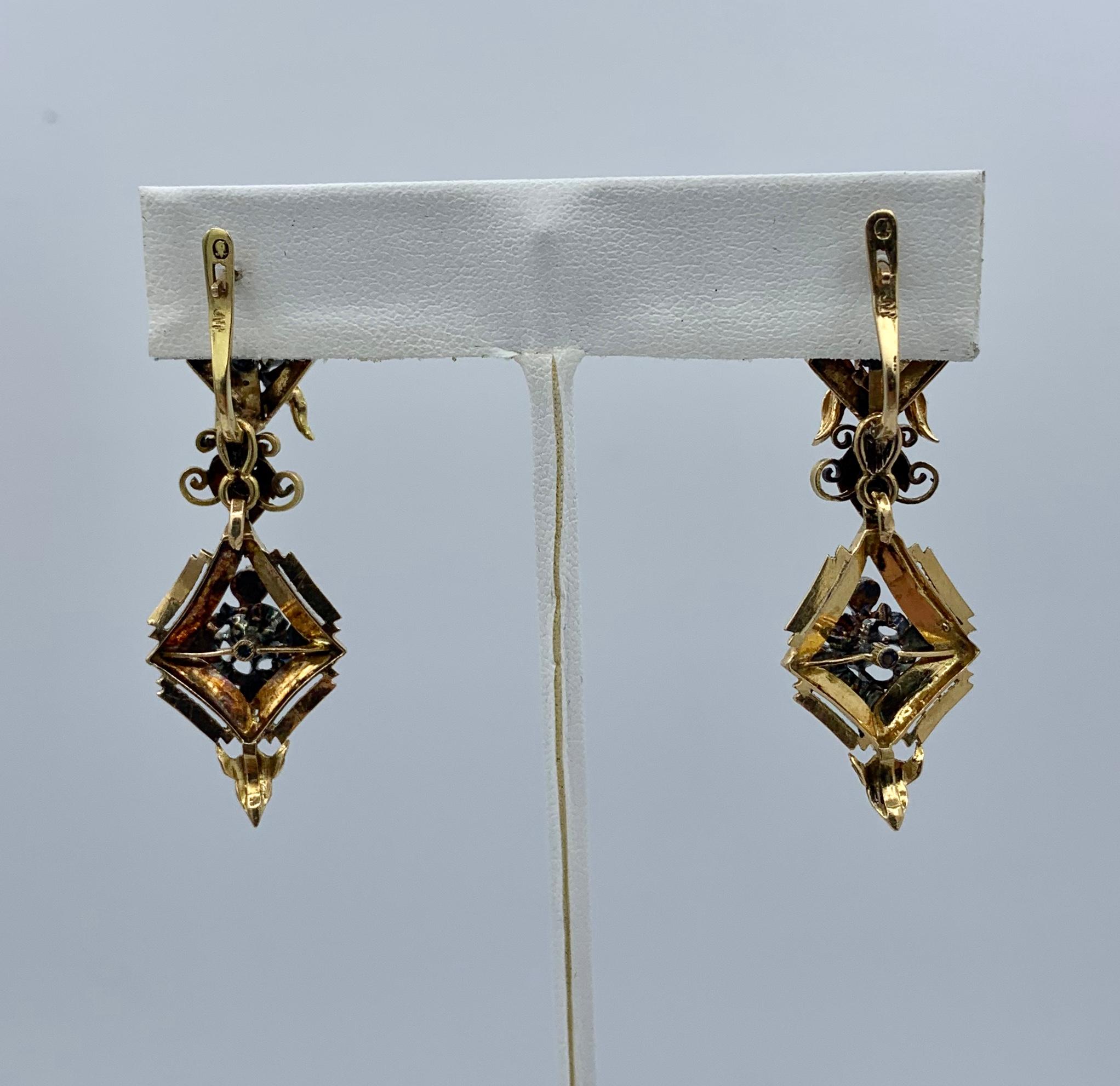 Victorian Rose Cut Diamond Enamel Dangle Day/Night Earrings 18 Karat Gold Rare For Sale 13