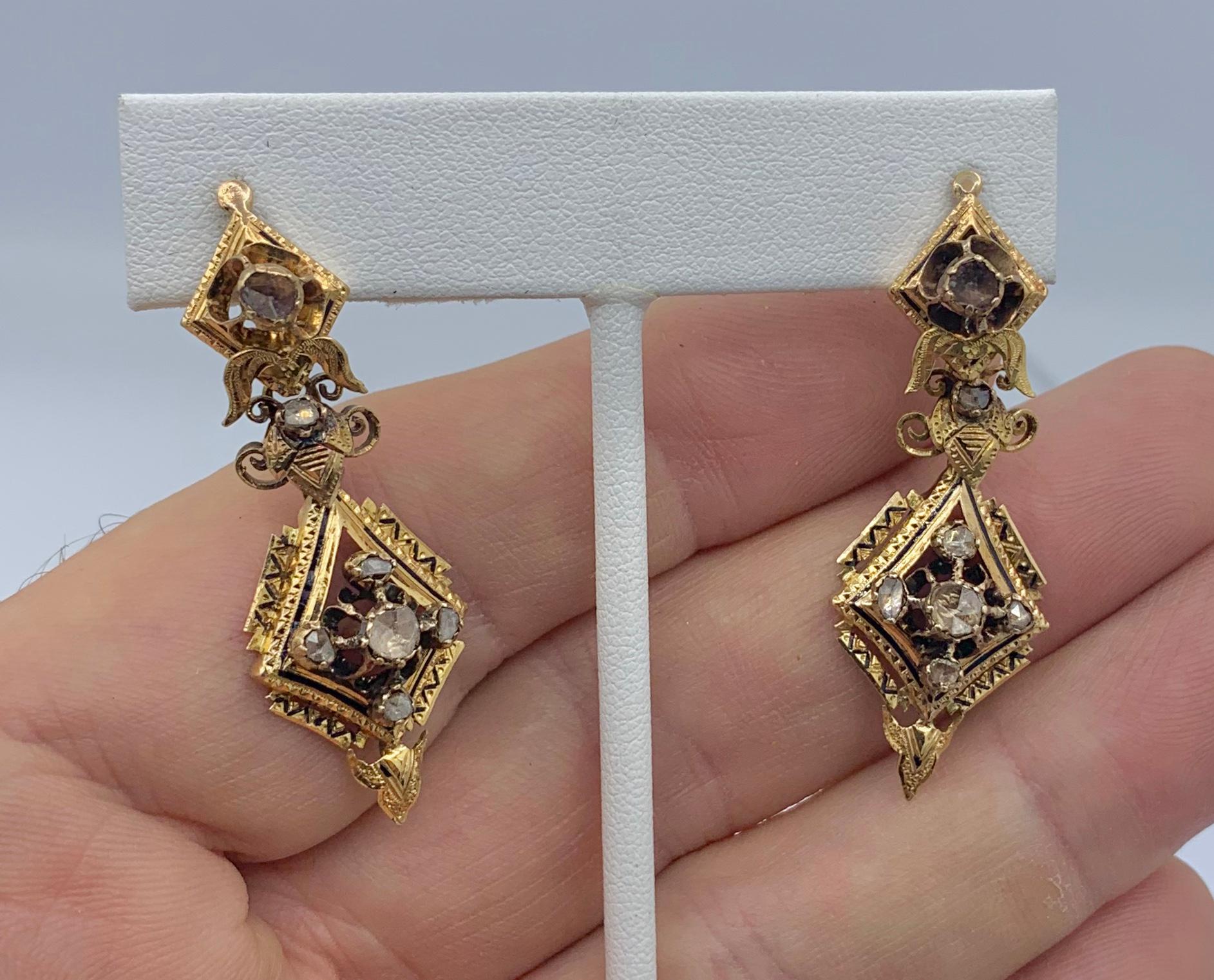 Women's Victorian Rose Cut Diamond Enamel Dangle Day/Night Earrings 18 Karat Gold Rare For Sale