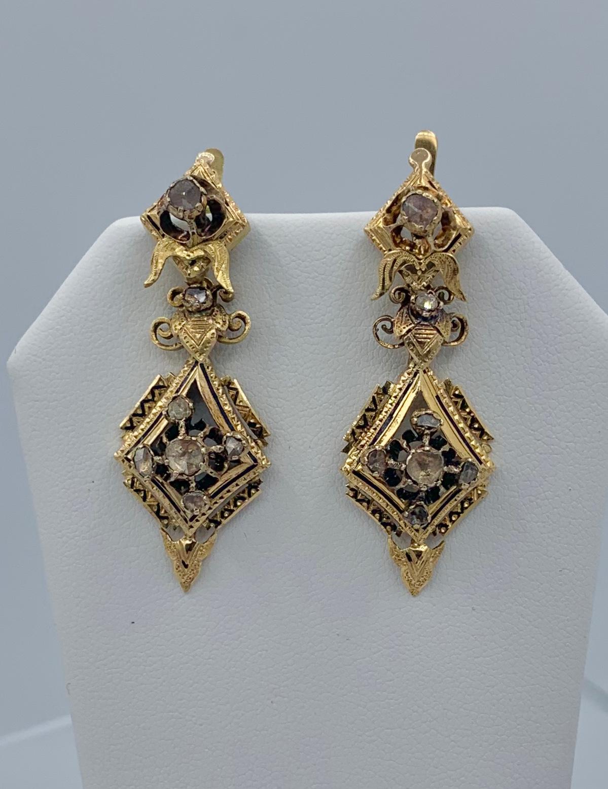 Boucles d'oreilles pendantes jour/nuit en or 18 carats avec diamant taillé en rose et émail Rare Pour femmes en vente