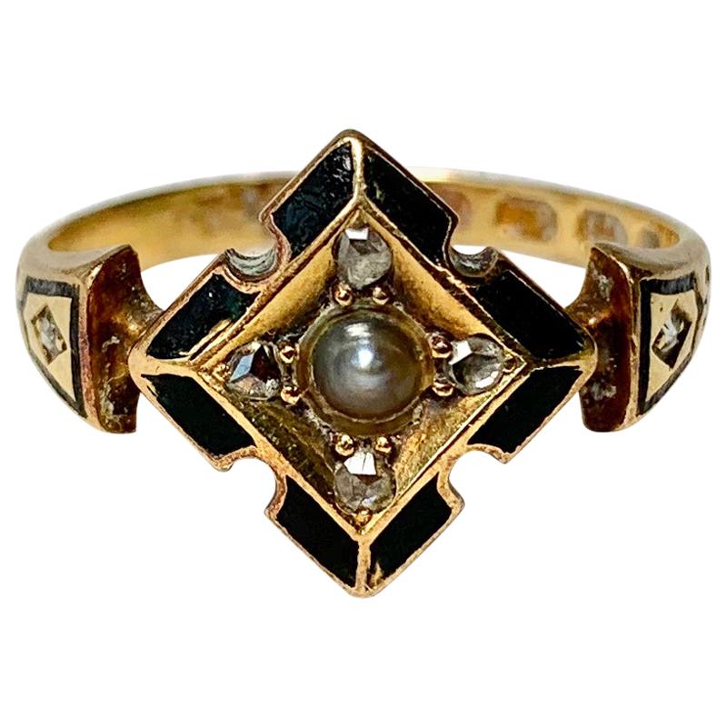 Victorian Rose Cut Diamond Enamel Locket Mourning Ring 18 Karat Gold Pearl