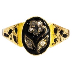Antique Victorian Rose Cut Diamond Forget Me Not Enamel and 15 Carat Gold Ring