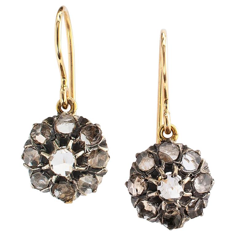 Victorian Rose Cut Diamond Gold Silver Drop Earrings