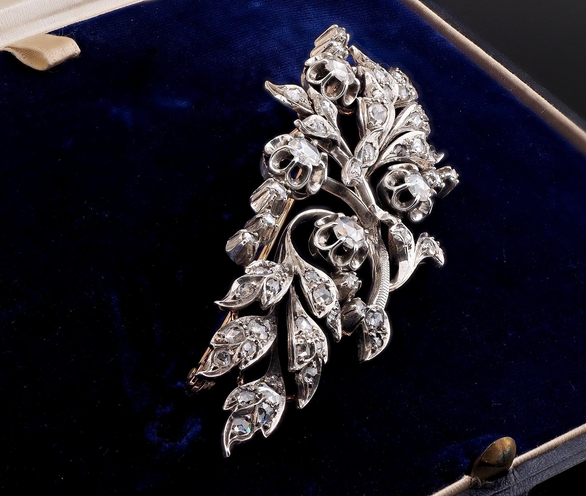 Victorian Rose Cut Diamond Large Floral Spray Brooch In Good Condition For Sale In Napoli, IT