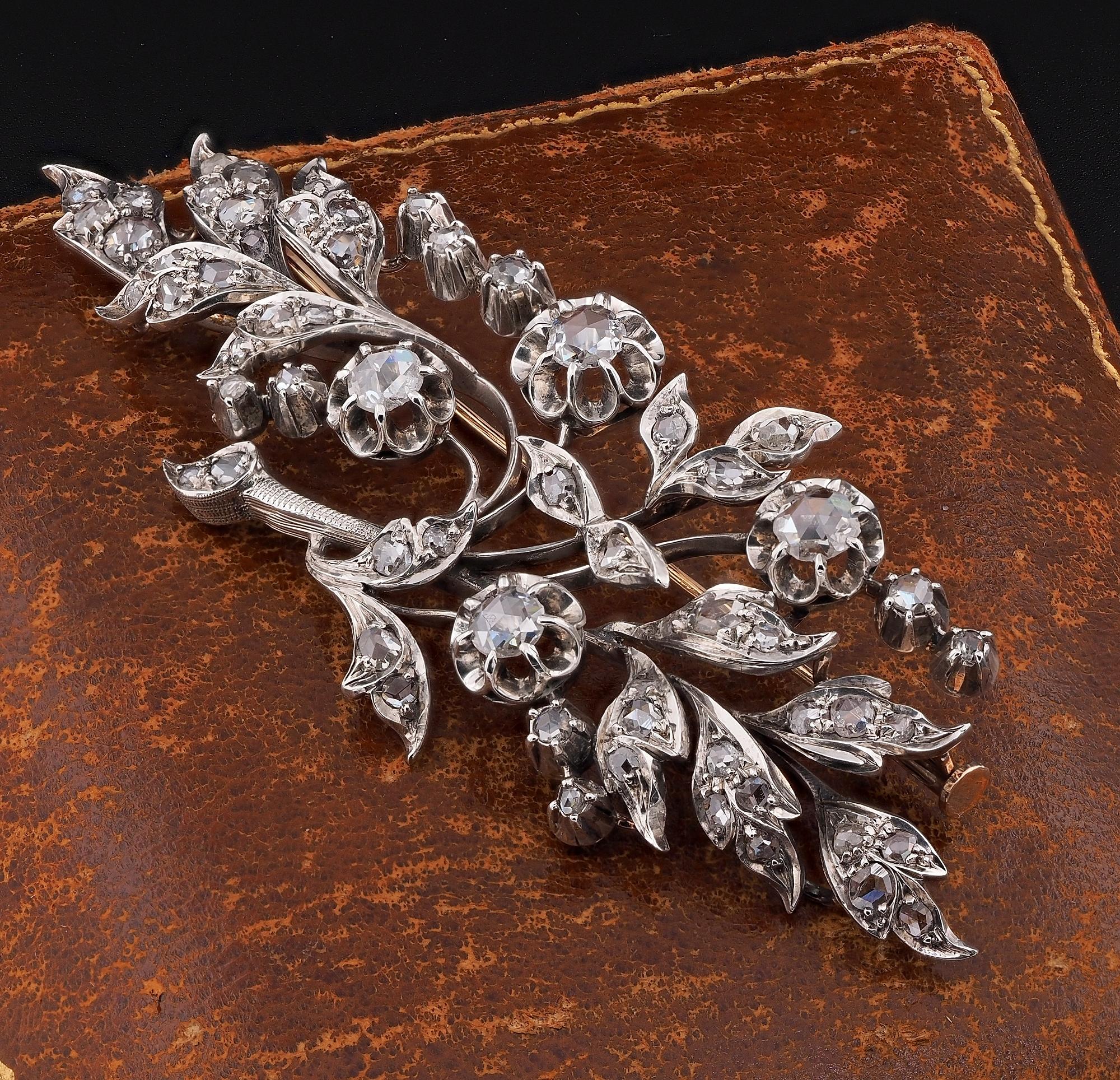 Women's or Men's Victorian Rose Cut Diamond Large Floral Spray Brooch For Sale