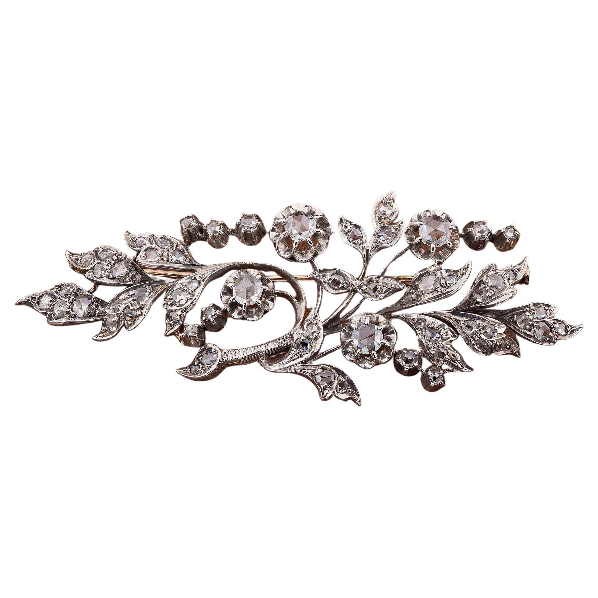 Victorian Rose Cut Diamond Large Floral Spray Brooch For Sale