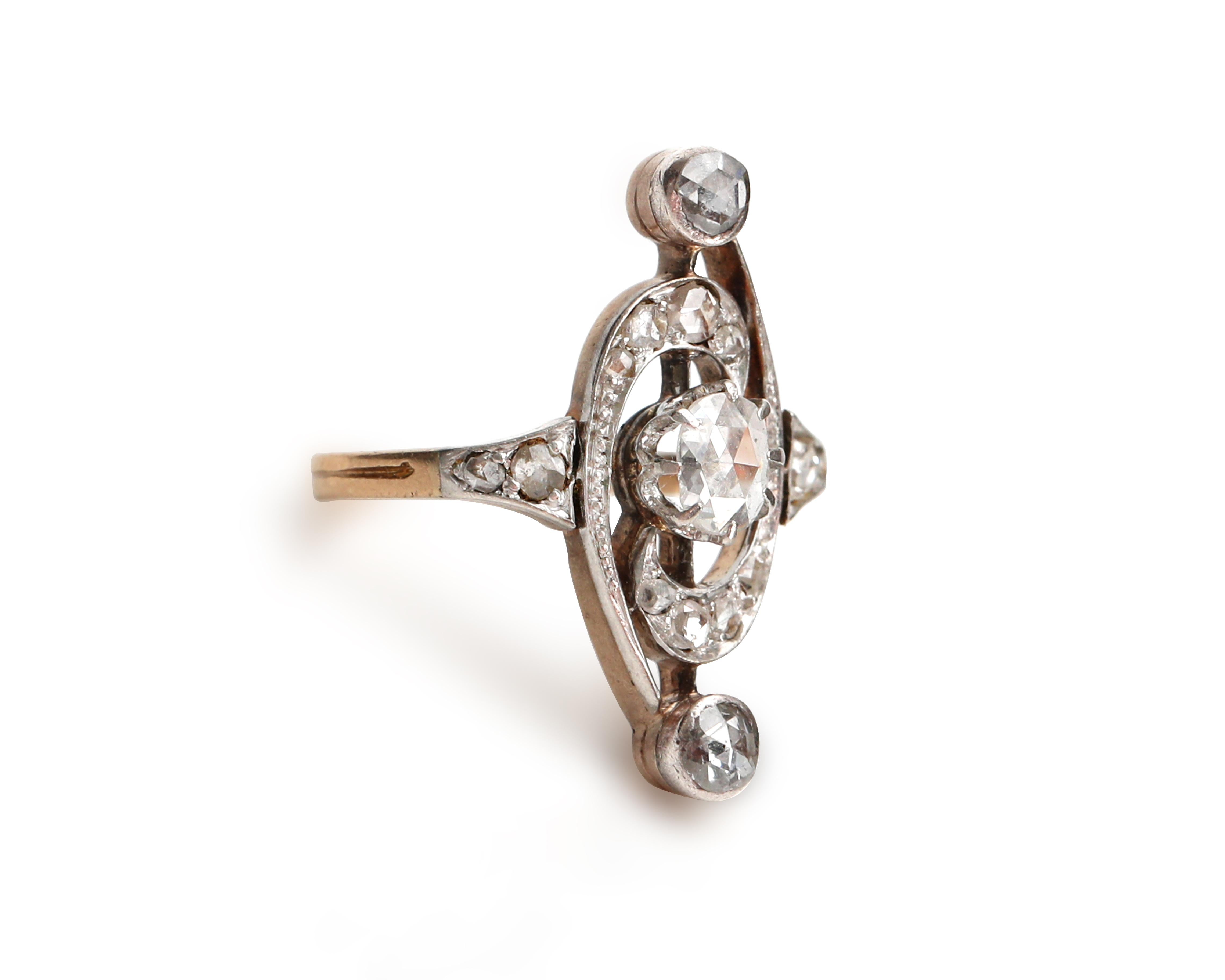 This is an exquisite example of a victorian fashion ring crafted in 9 karat gold with a platinum top, it is adorned with 15 period correct old rose cut diamonds. At over 120 years old, this lovely ring is still in incredible condition! This would
