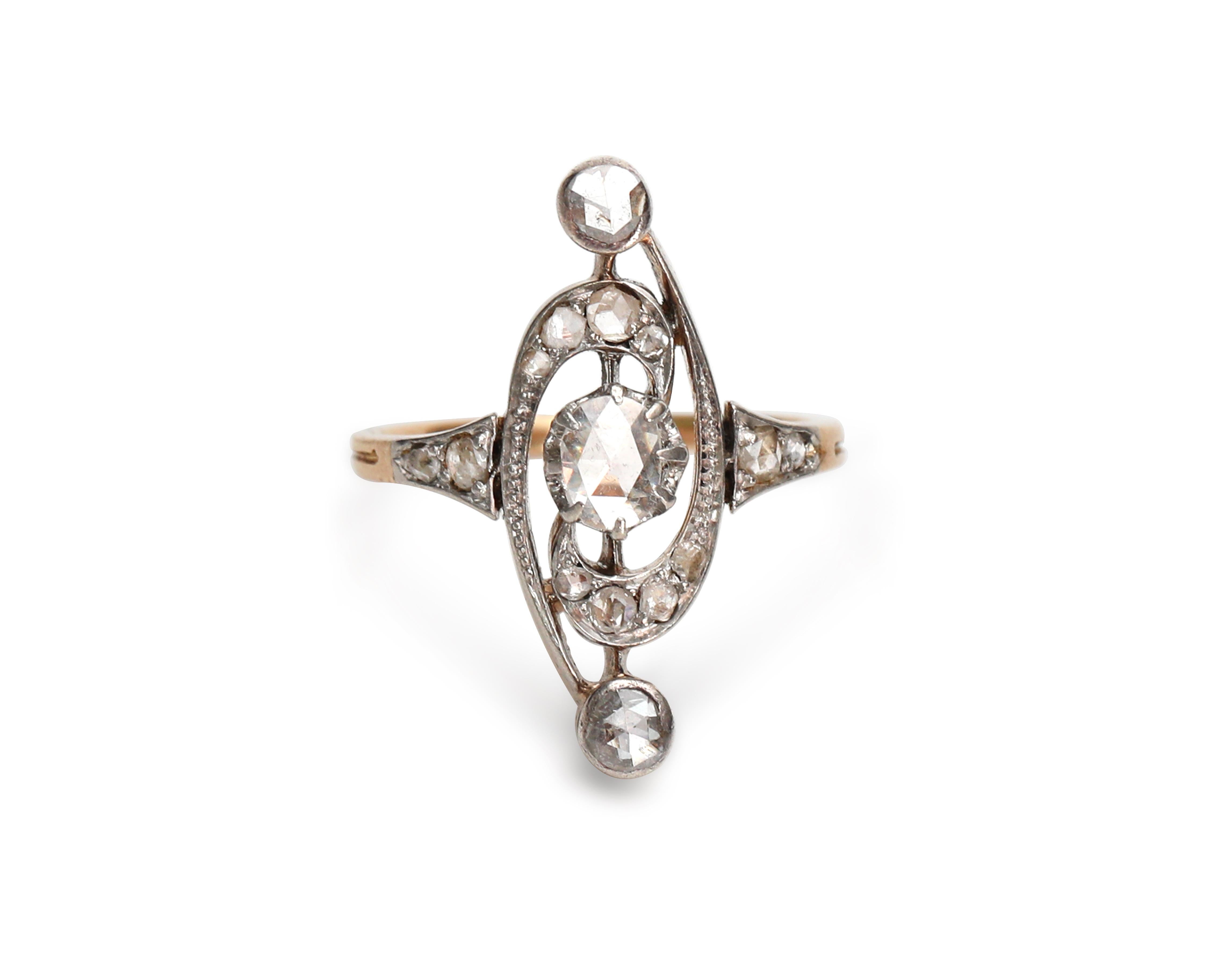 Women's Victorian Rose Cut Diamond Long Antique Ring, Platinum and 9 Karat Gold