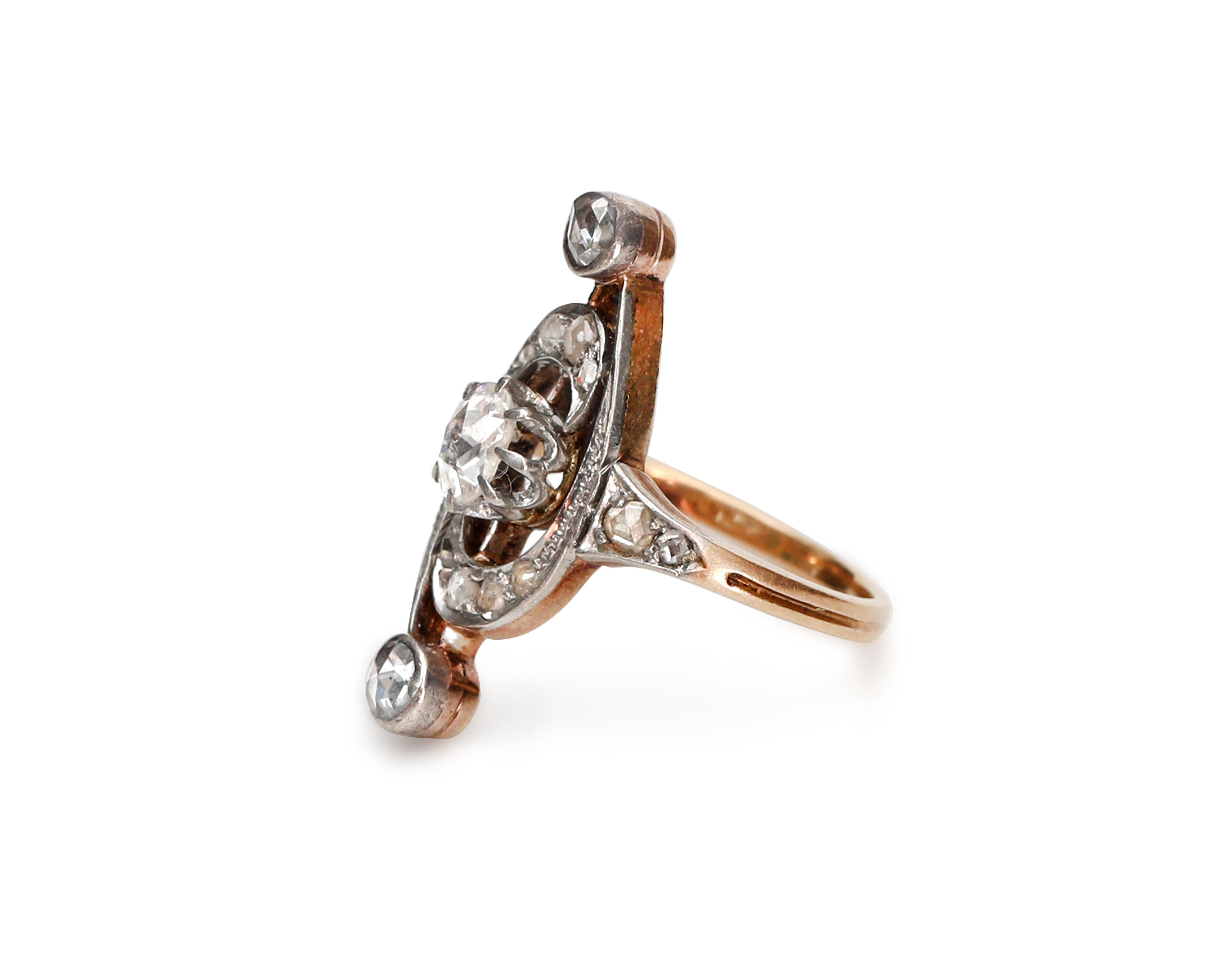 Victorian Rose Cut Diamond Long Antique Ring, Platinum and 9 Karat Gold 1