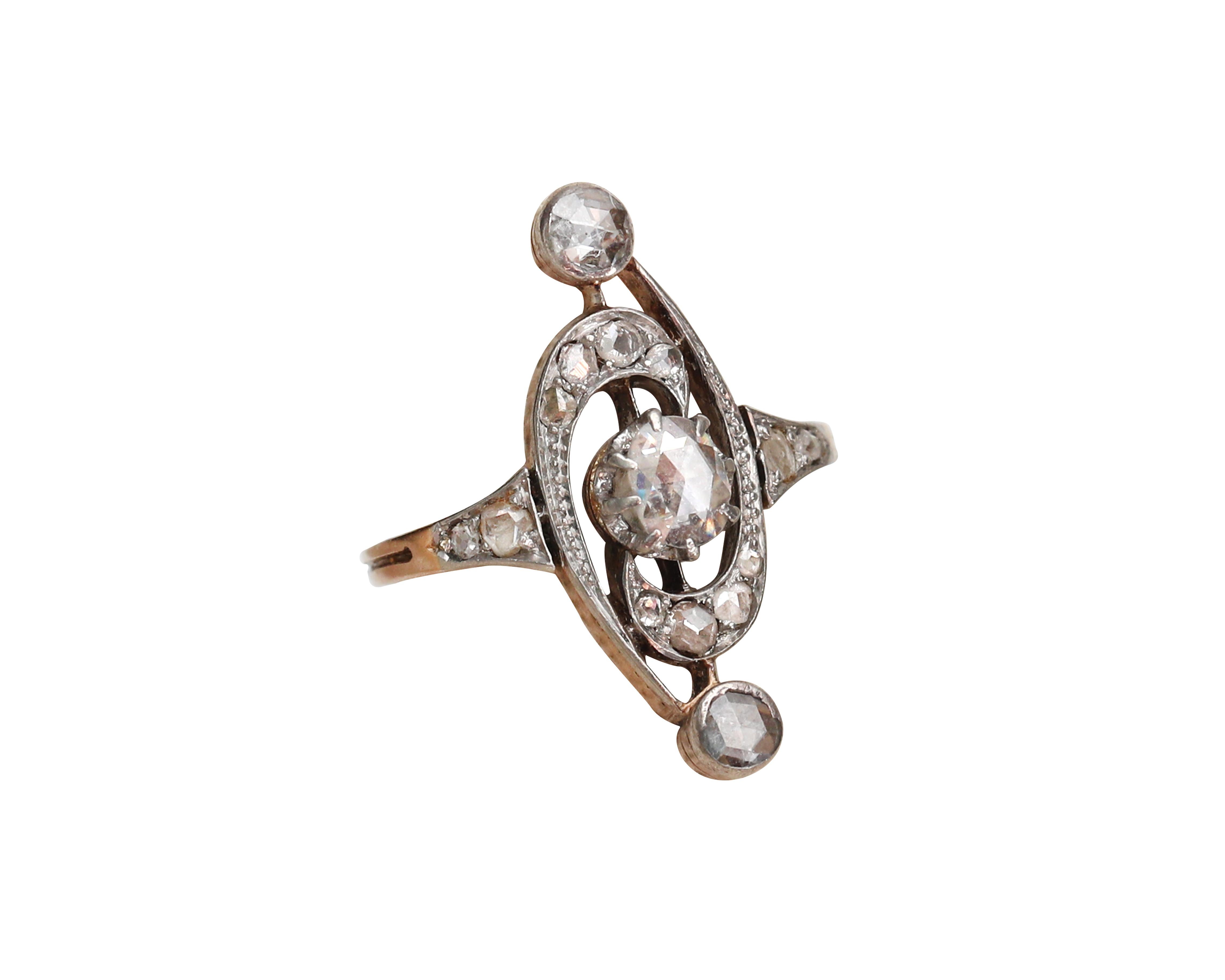 Victorian Rose Cut Diamond Long Antique Ring, Platinum and 9 Karat Gold 3