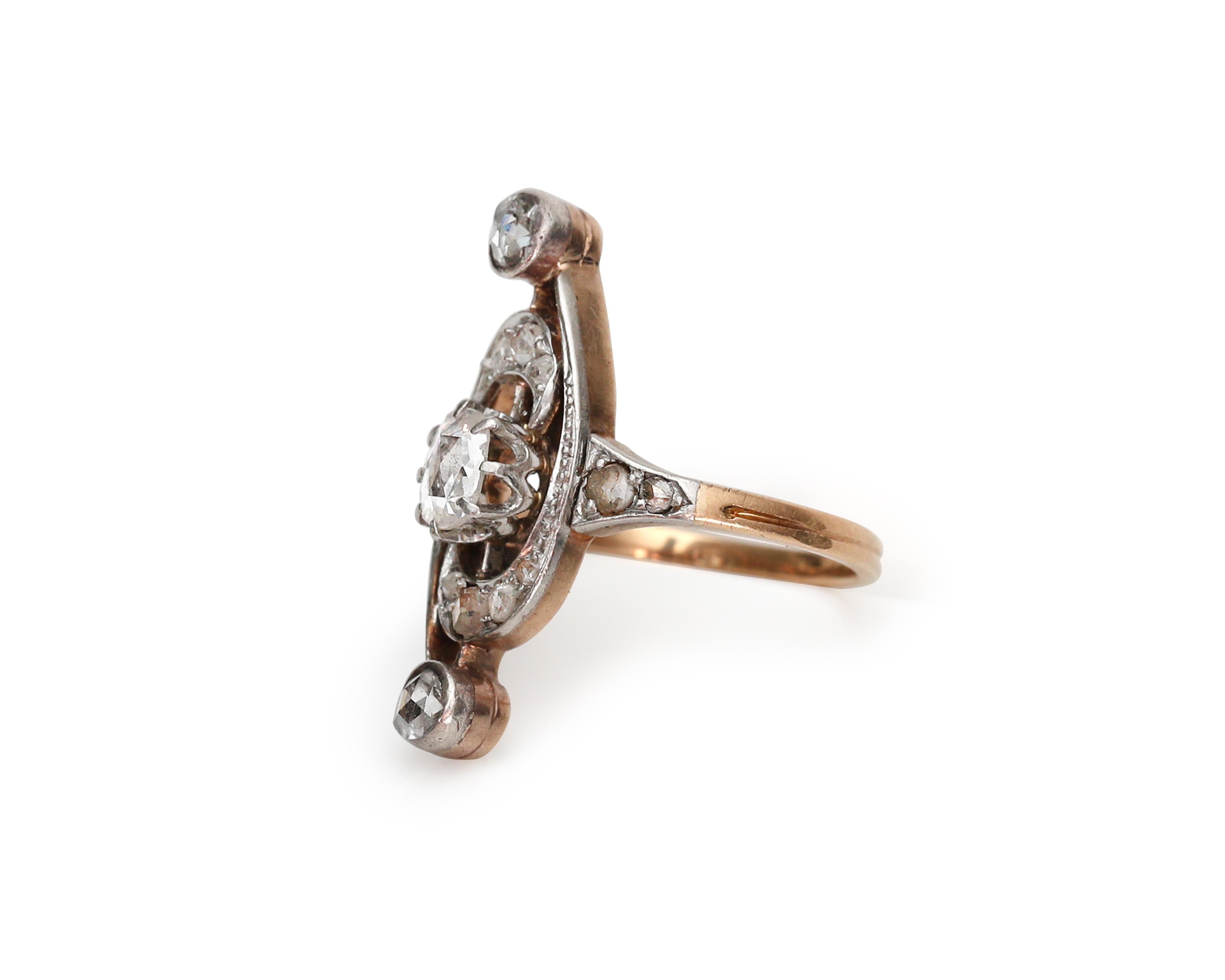Victorian Rose Cut Diamond Long Antique Ring, Platinum and 9 Karat Gold 4