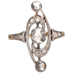 Victorian Rose Cut Diamond Long Antique Ring, Platinum and 9 Karat Gold