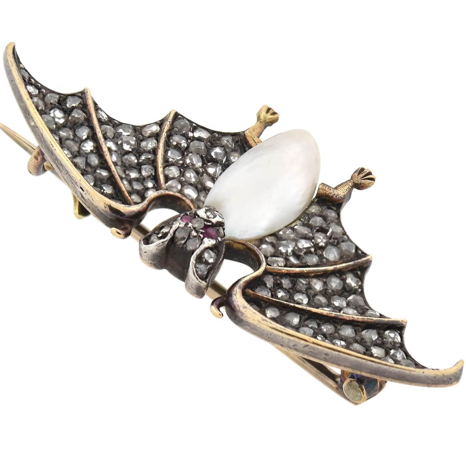 Victorian Rose Cut Diamond Natural Pearl and Ruby Bat Pin In Good Condition In Narberth, PA