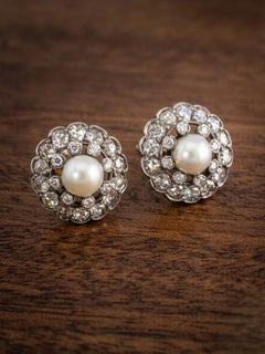 Victorian Rose Cut Diamond Natural Pearl Round Earrings