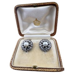 Victorian Rose Cut Diamond Natural Pearl Round Earrings