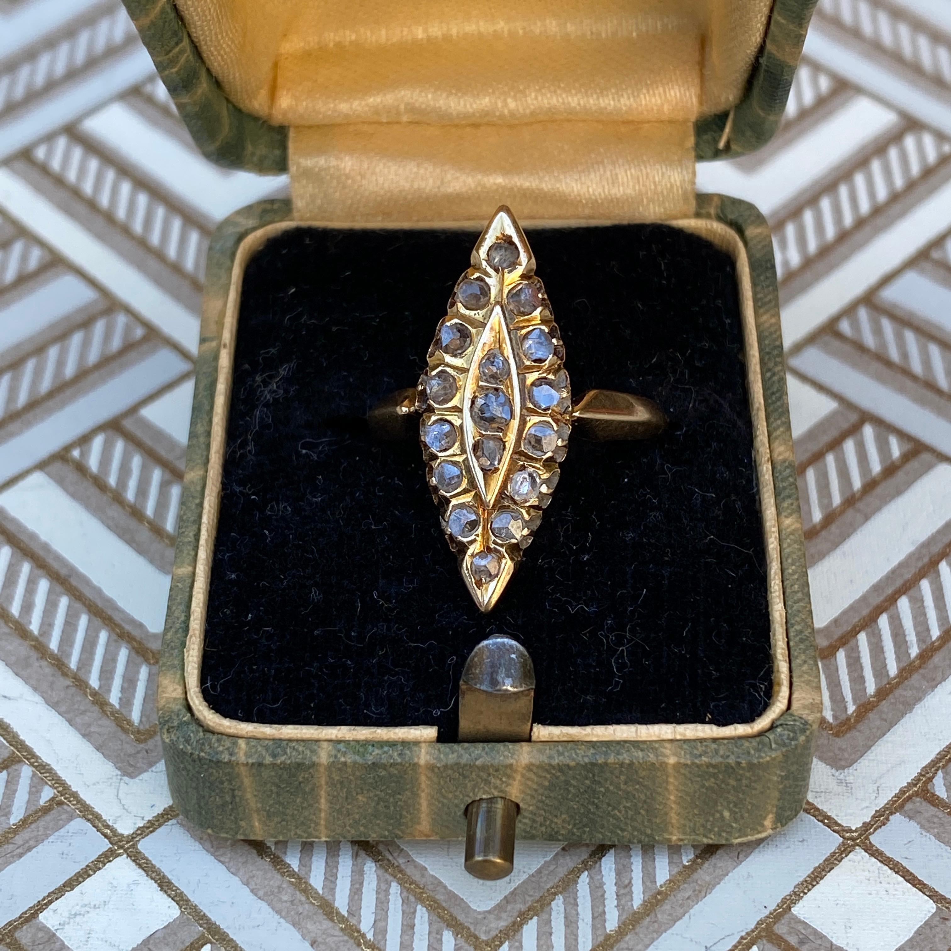 Viktorianischer Navette 14K Goldring mit Diamant im Rosenschliff im Angebot 7