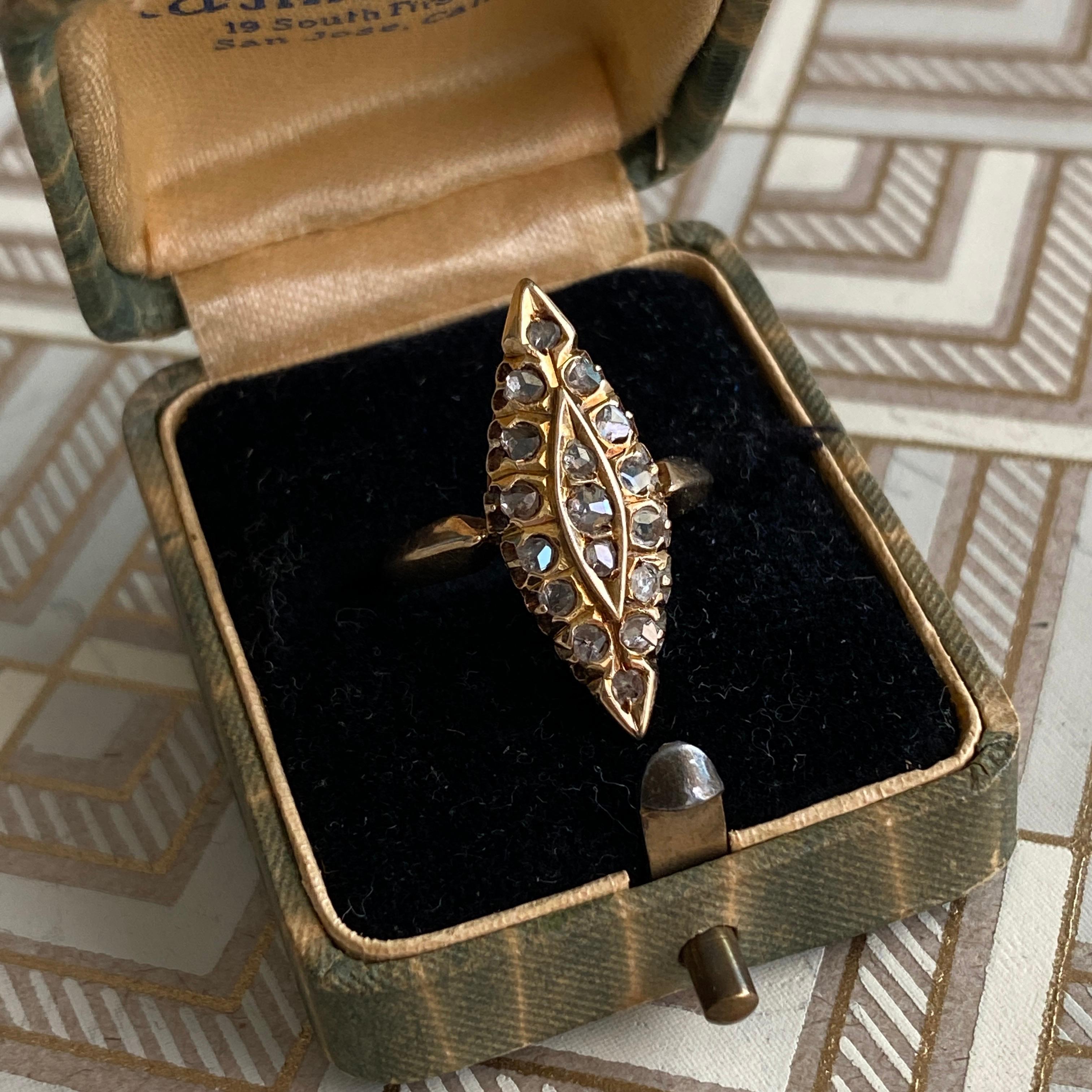 Viktorianischer Navette 14K Goldring mit Diamant im Rosenschliff im Angebot 8