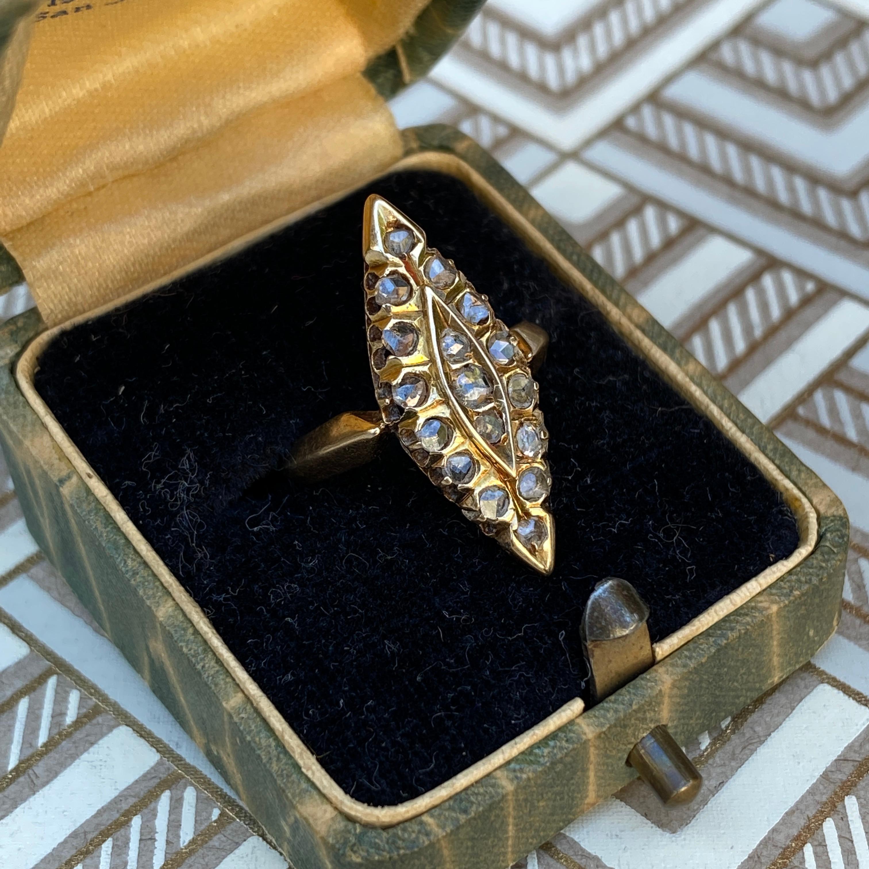 Viktorianischer Navette 14K Goldring mit Diamant im Rosenschliff im Angebot 9