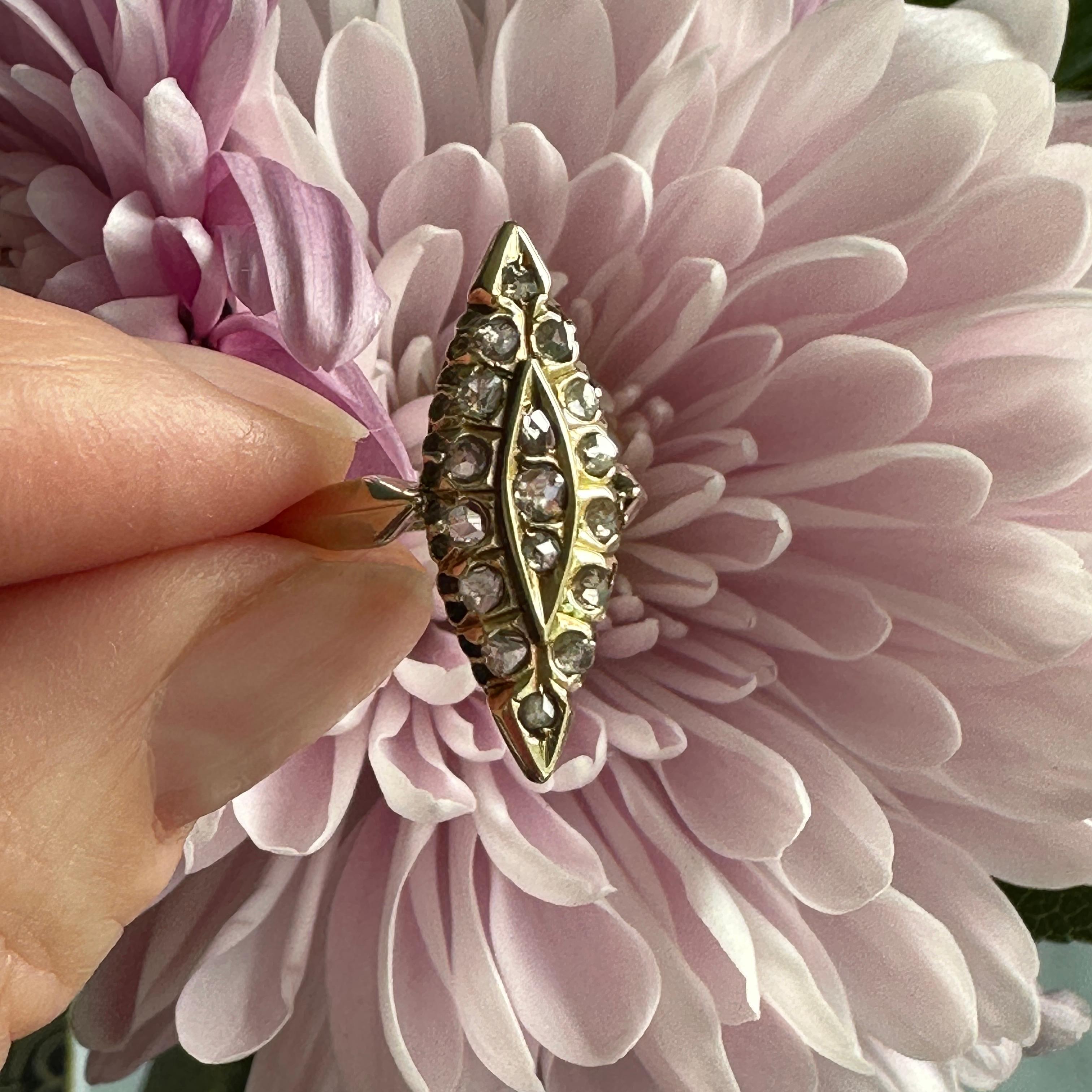 Viktorianischer Navette 14K Goldring mit Diamant im Rosenschliff im Angebot 10