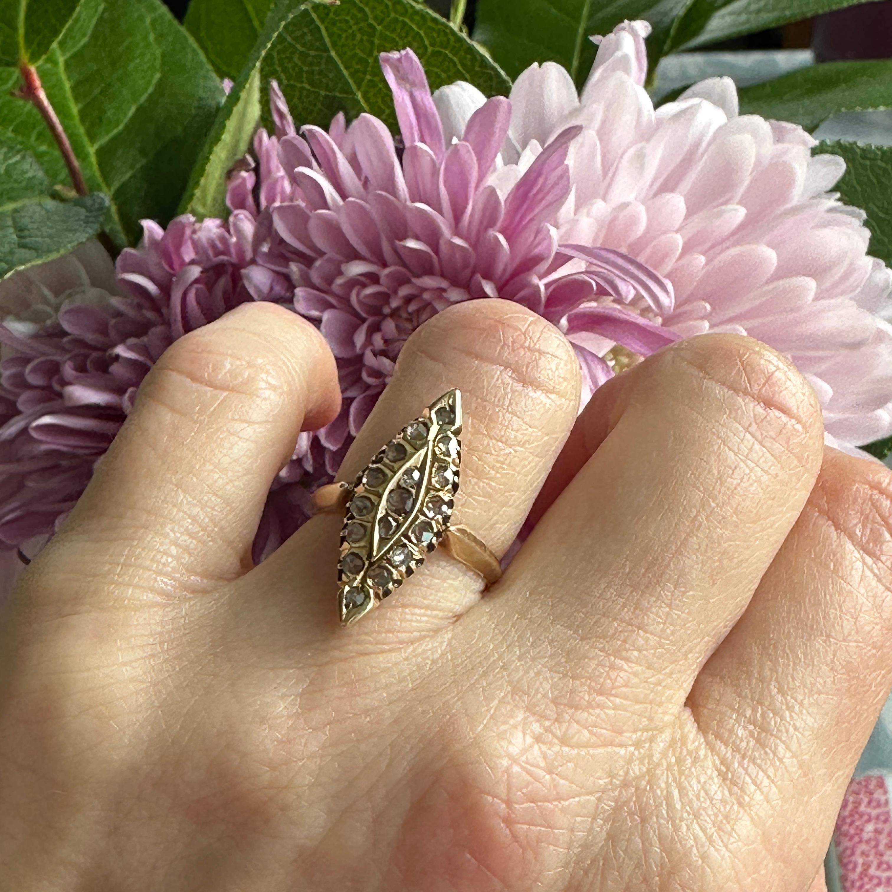 Viktorianischer Navette 14K Goldring mit Diamant im Rosenschliff im Angebot 11