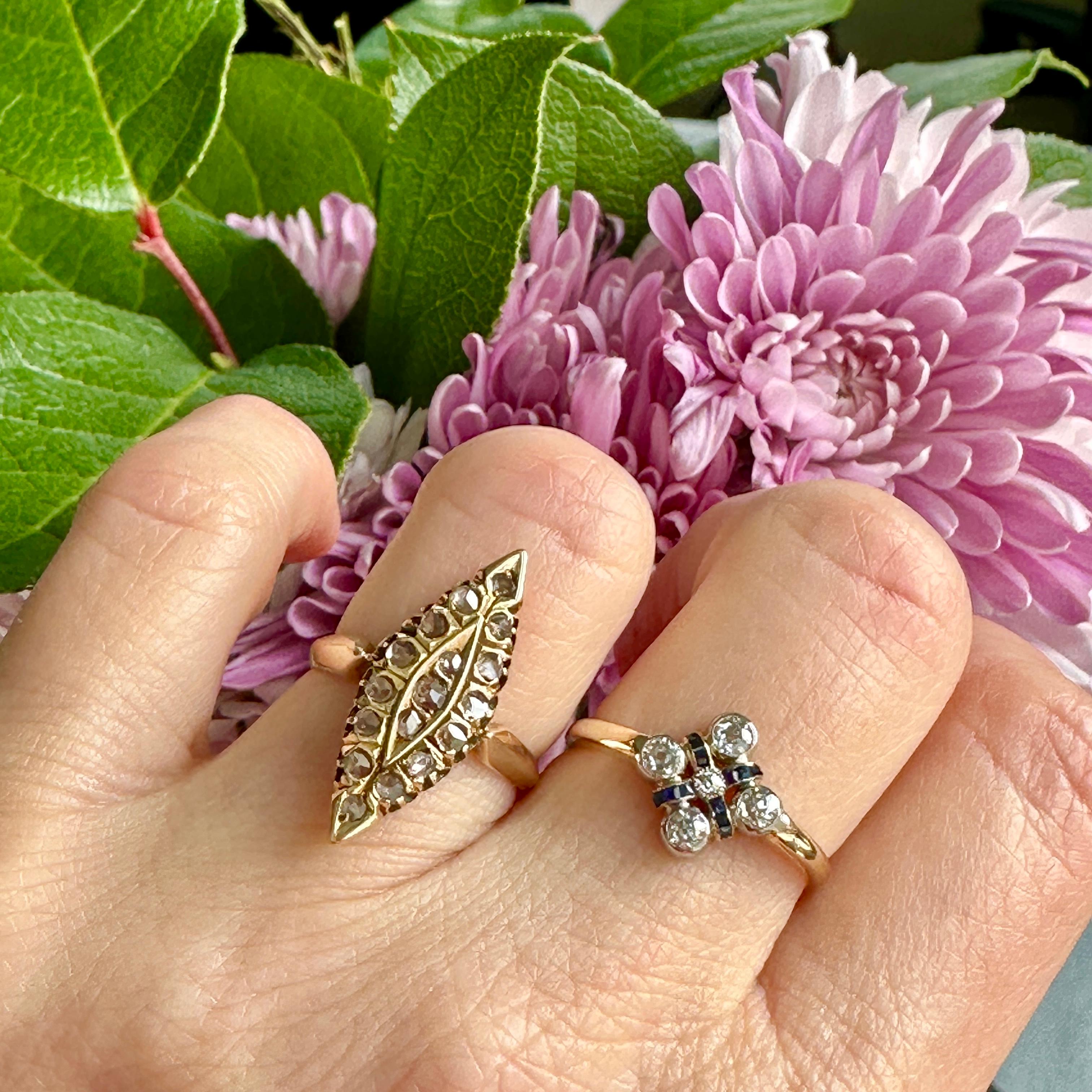 Viktorianischer Navette 14K Goldring mit Diamant im Rosenschliff im Angebot 12