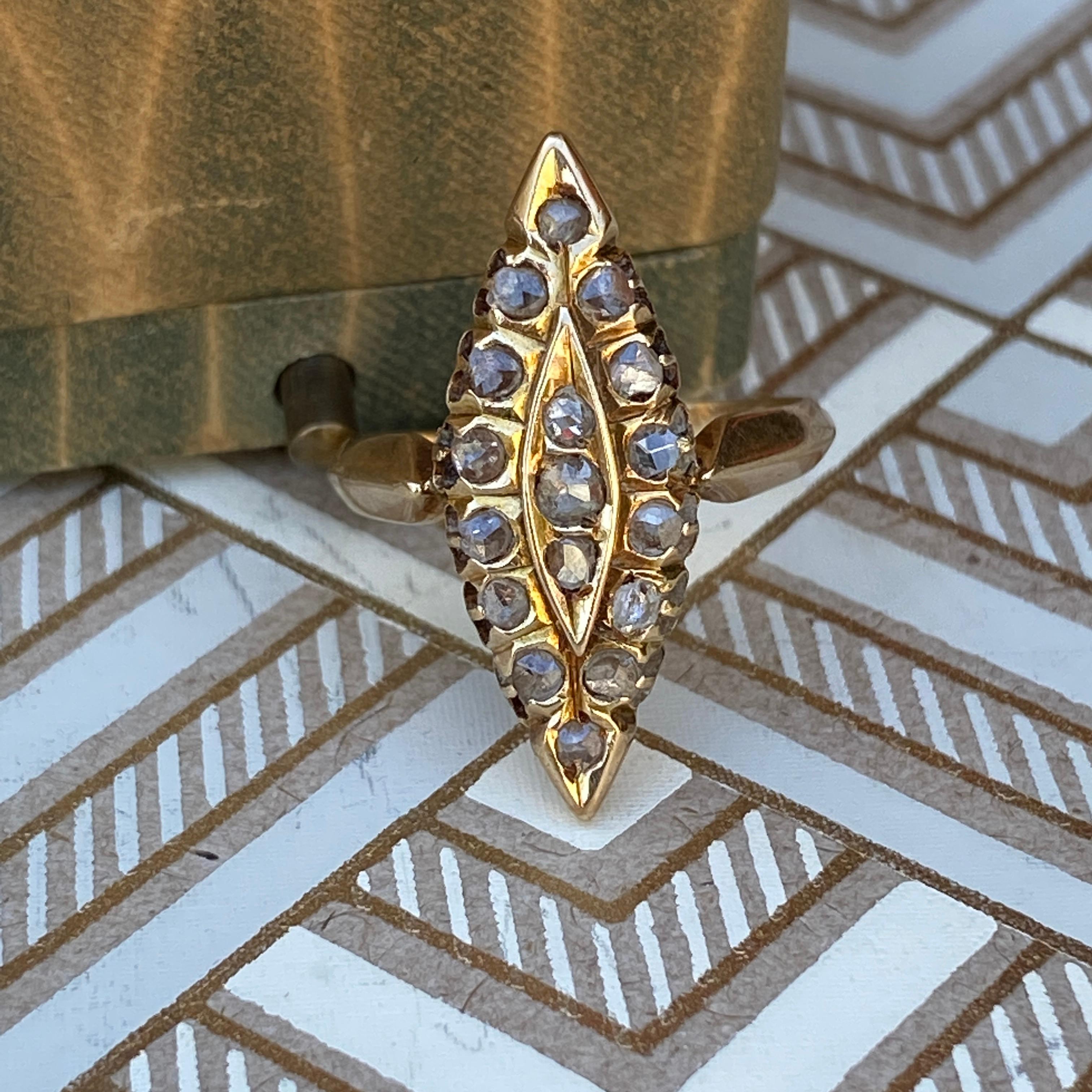 Viktorianischer Navette 14K Goldring mit Diamant im Rosenschliff im Angebot 13