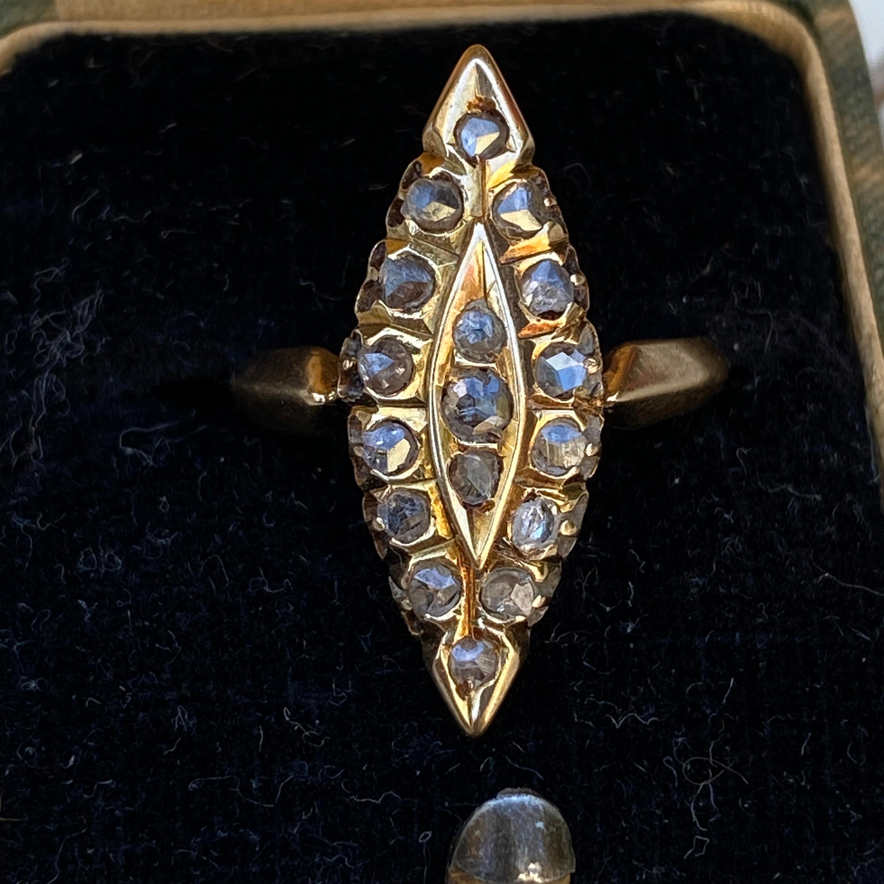 Viktorianischer Navette 14K Goldring mit Diamant im Rosenschliff im Angebot 16