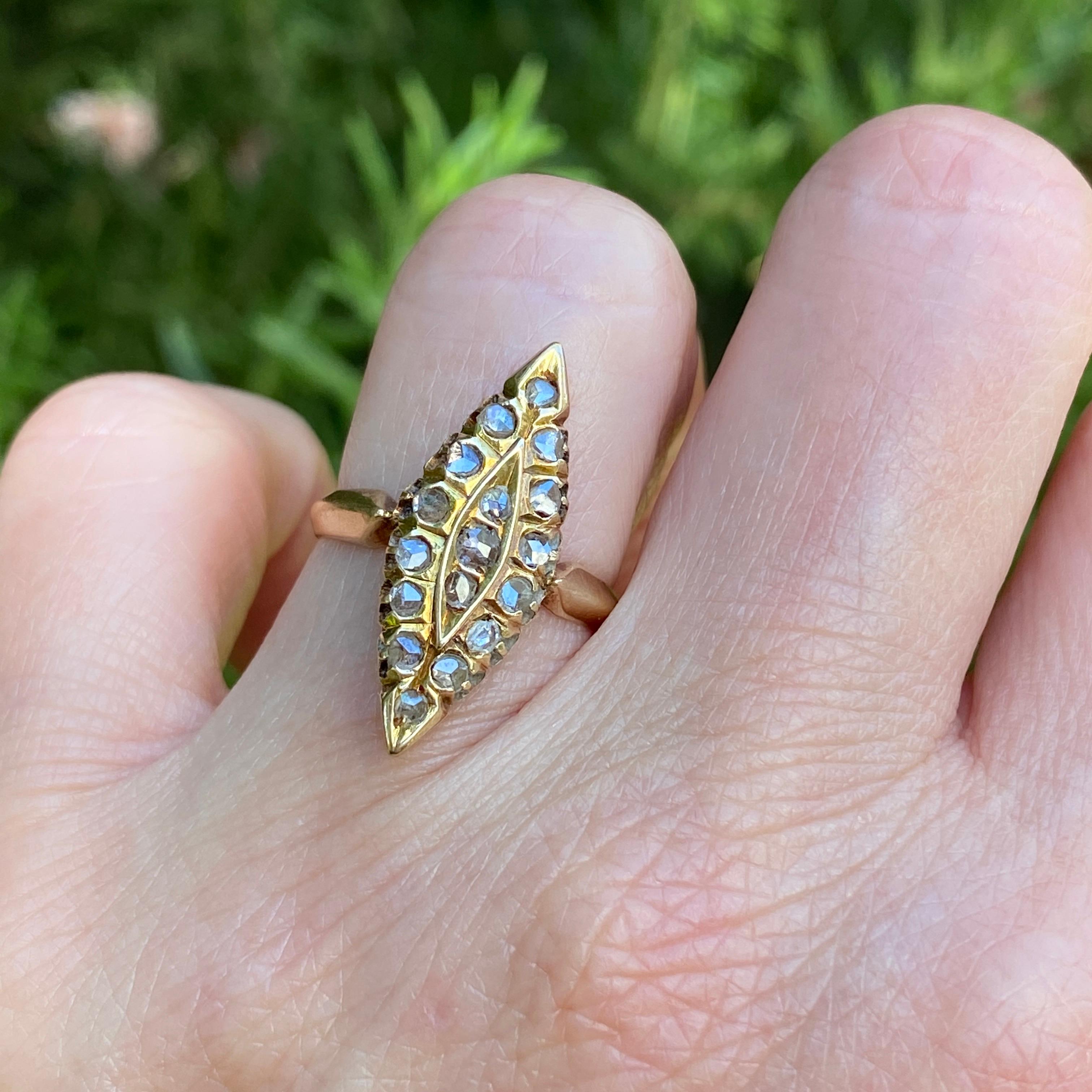 Viktorianischer Navette 14K Goldring mit Diamant im Rosenschliff im Zustand „Gut“ im Angebot in Scotts Valley, CA
