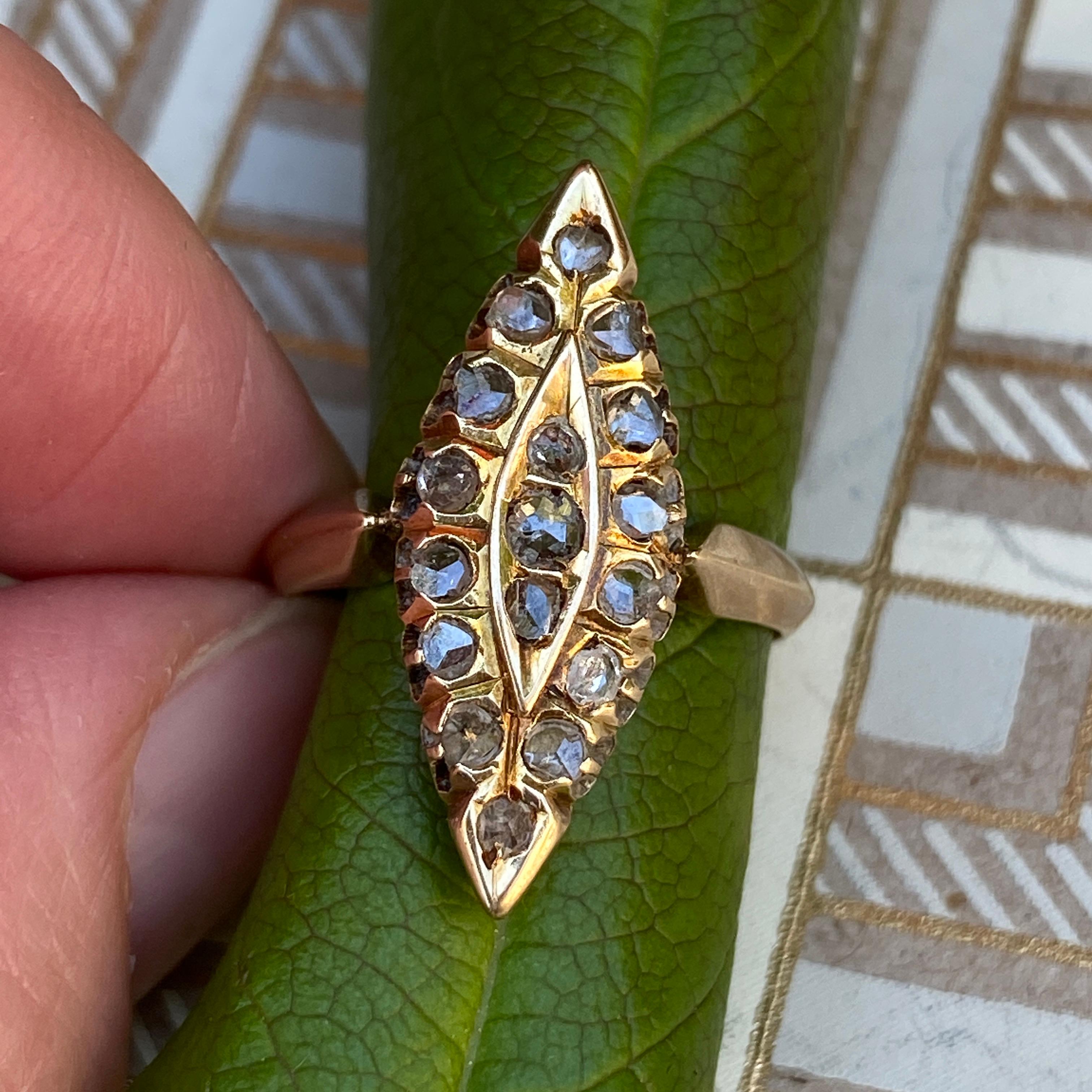 Viktorianischer Navette 14K Goldring mit Diamant im Rosenschliff im Angebot 2
