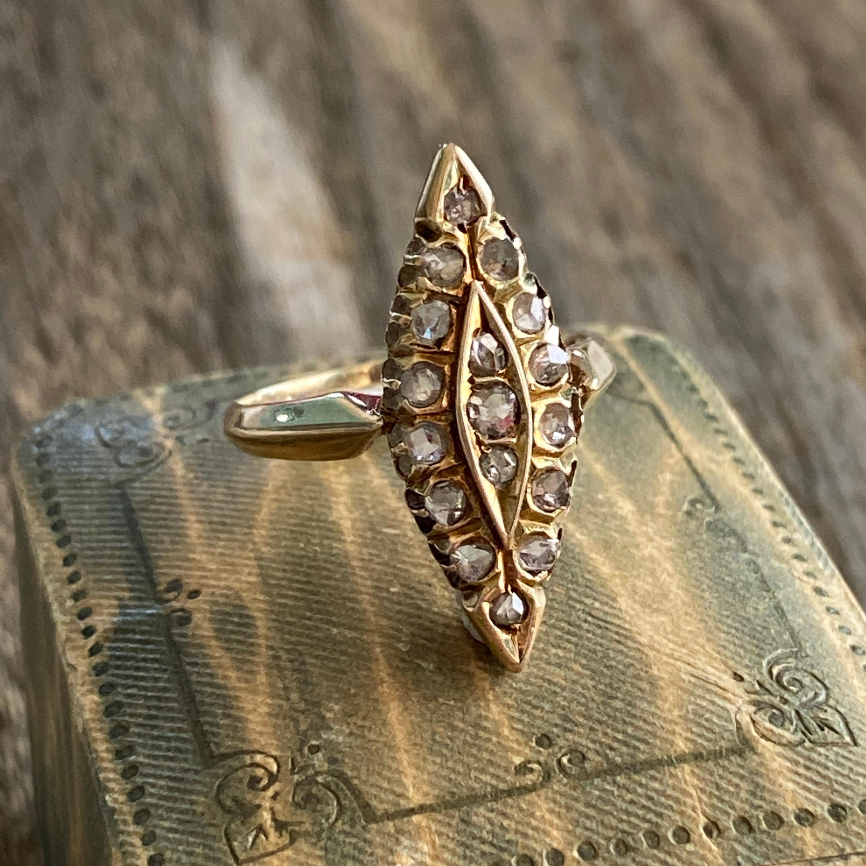 Viktorianischer Navette 14K Goldring mit Diamant im Rosenschliff im Angebot 5