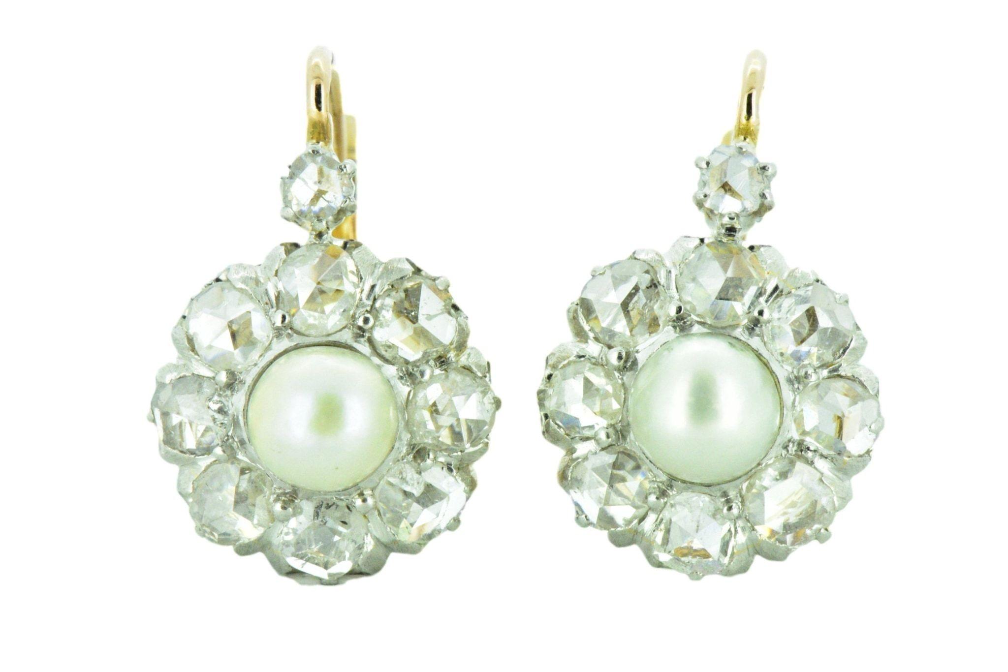 Victorian Rose Cut Diamond Pearl 18 Karat Rose Gold Platinum Cluster Earrings 3