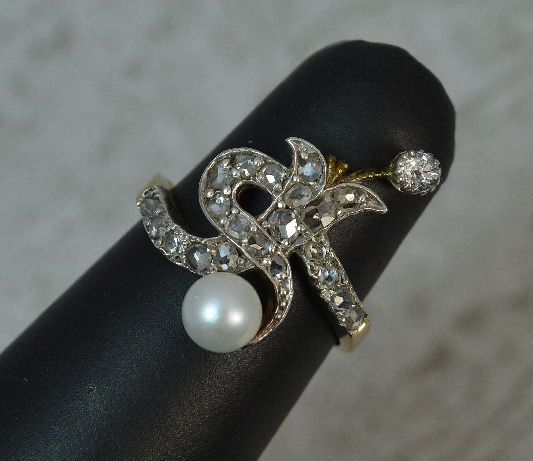 Victorian Rose Cut Diamond Pearl 18 Carat Gold Serpent Cluster Ring 6