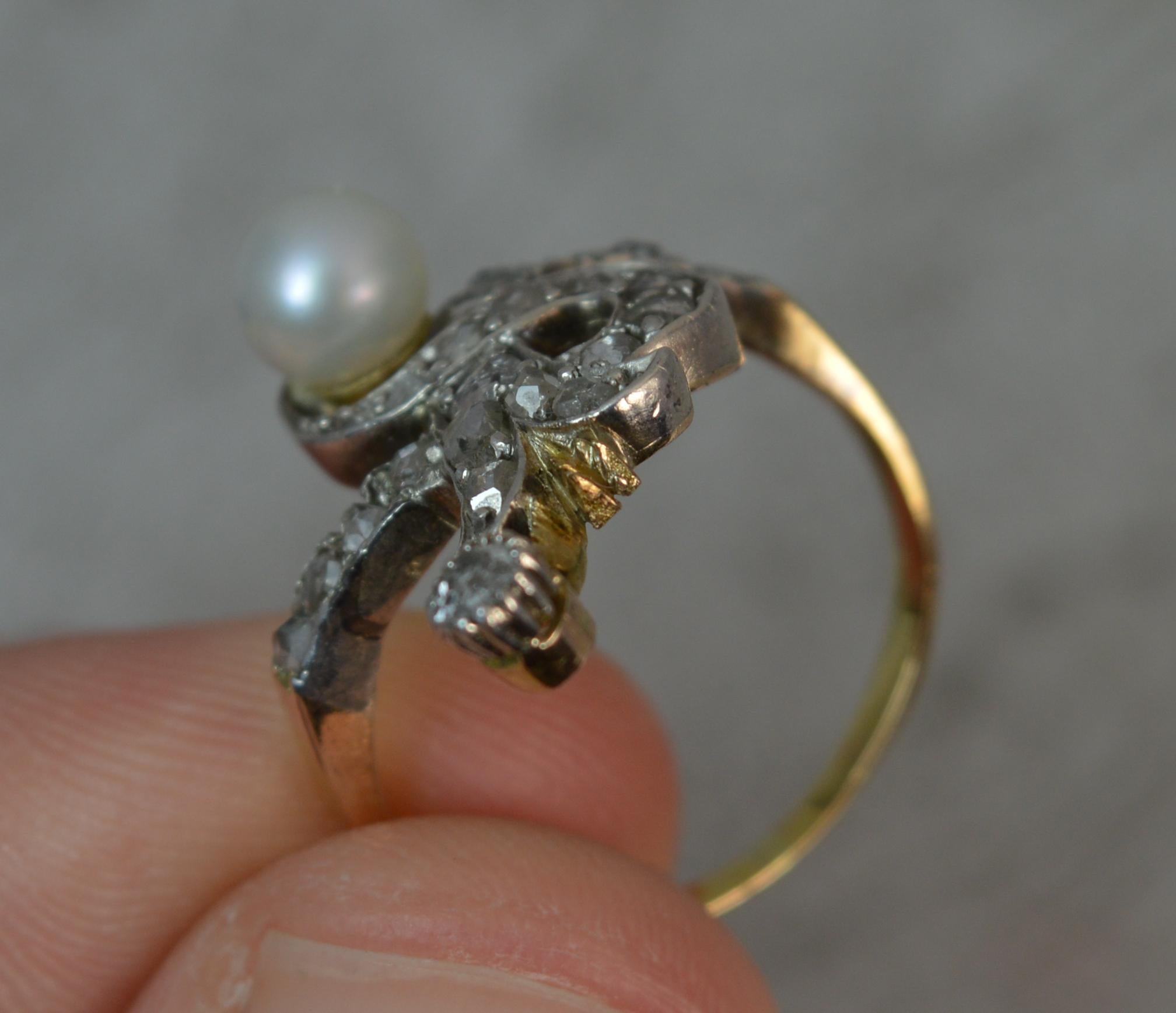 Victorian Rose Cut Diamond Pearl 18 Carat Gold Serpent Cluster Ring 7