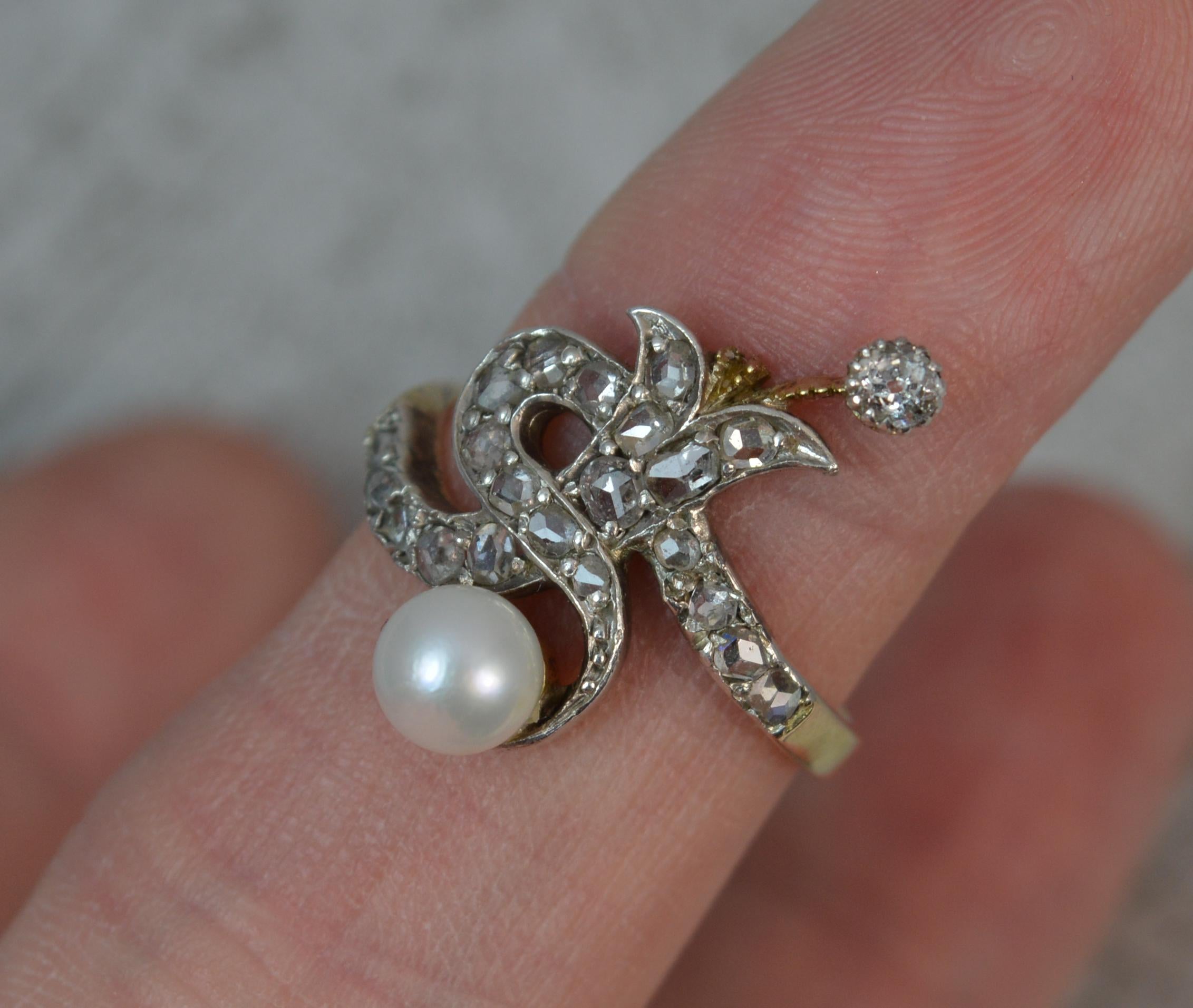 Victorian Rose Cut Diamond Pearl 18 Carat Gold Serpent Cluster Ring In Excellent Condition In St Helens, GB