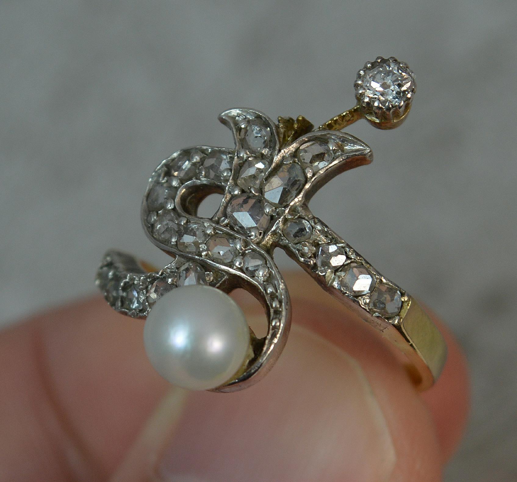 Victorian Rose Cut Diamond Pearl 18 Carat Gold Serpent Cluster Ring 1