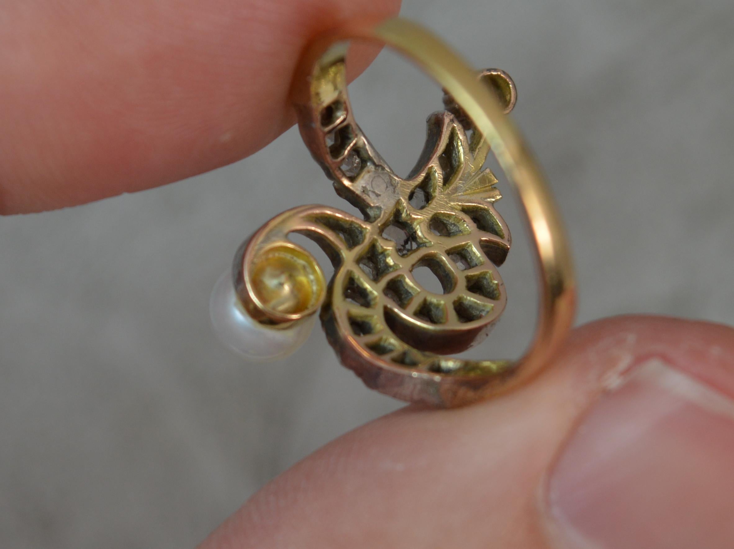 Victorian Rose Cut Diamond Pearl 18 Carat Gold Serpent Cluster Ring 2